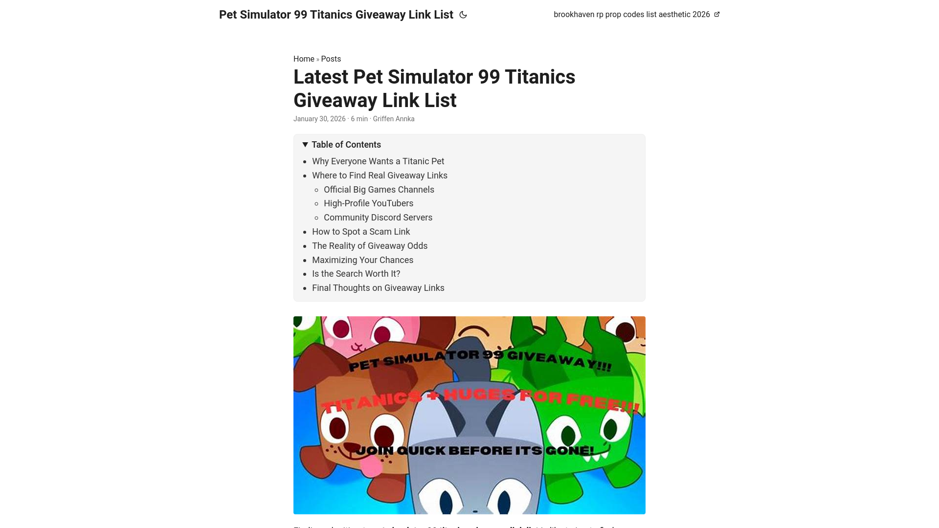 website screenshot of https://pet-simulator-99-titanics-giveaway-link-list.pages.dev/