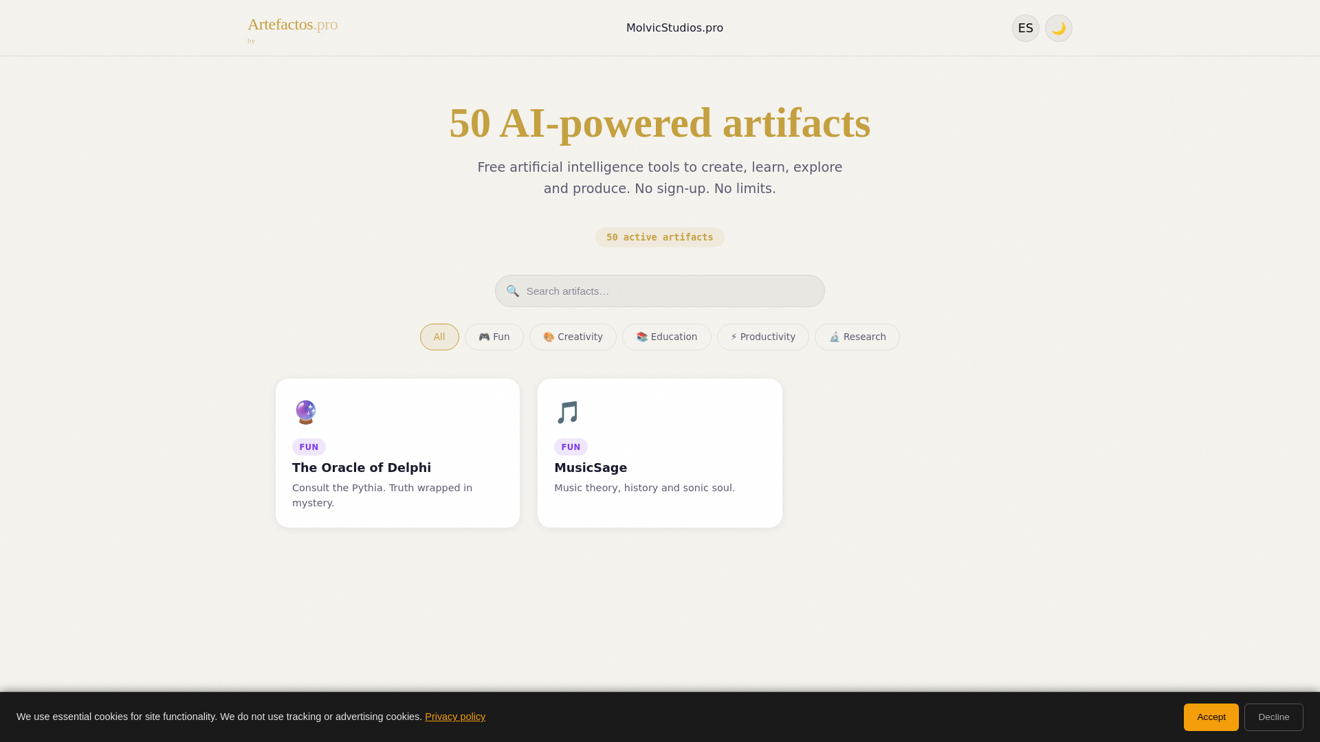 website screenshot of https://artefactos.pro/
