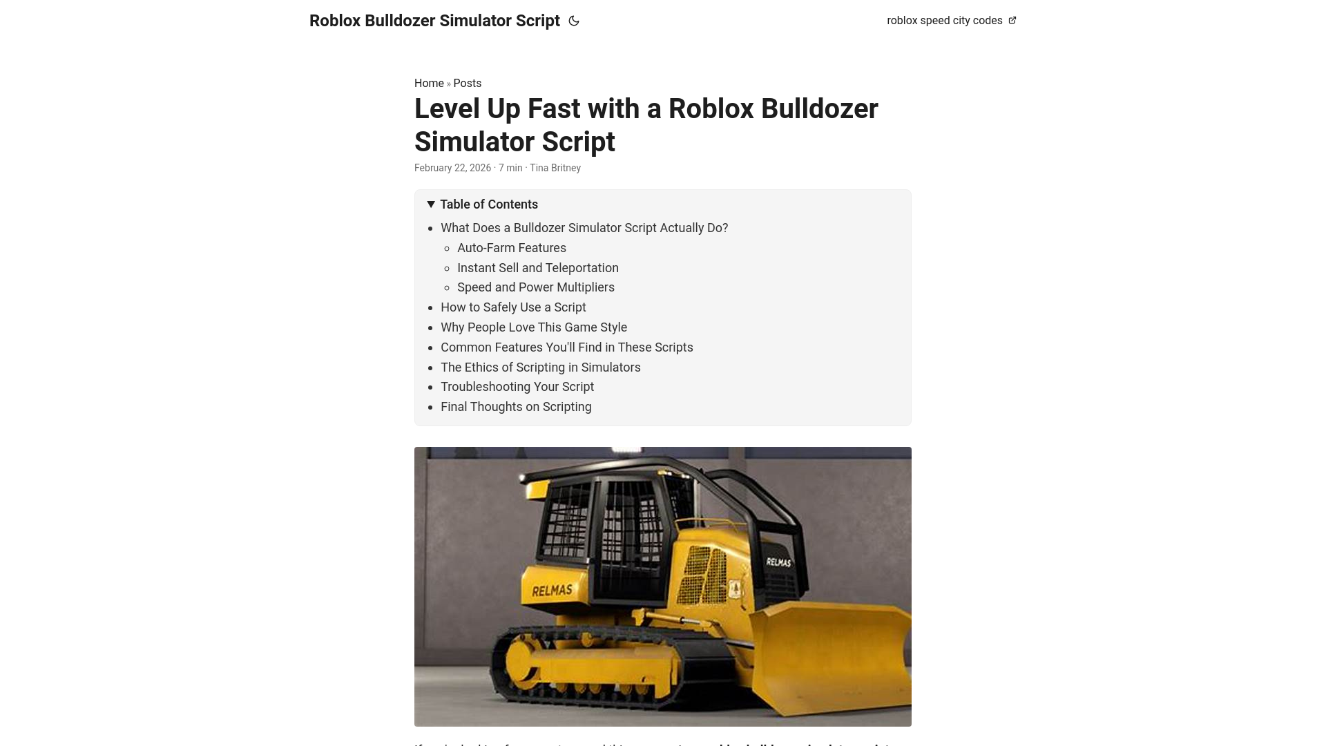 website screenshot of https://roblox-bulldozer-simulator-script.pages.dev/