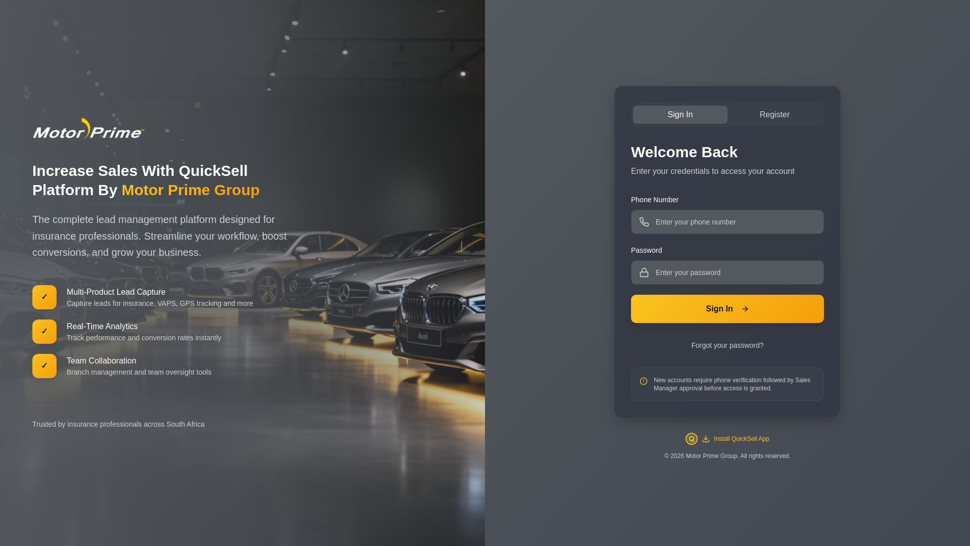 website screenshot of https://quicksell.motorprime.co.za/