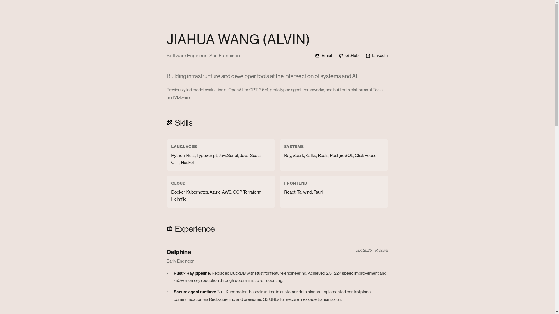 website screenshot of https://jiahua.wang/