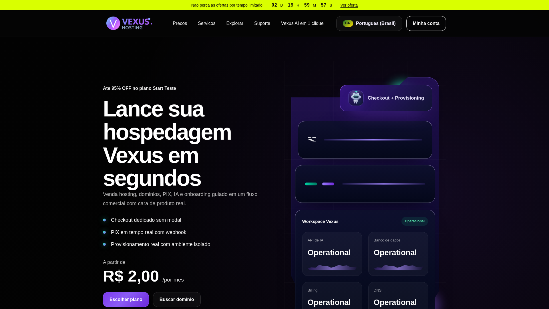 website screenshot of https://vexushost.com/