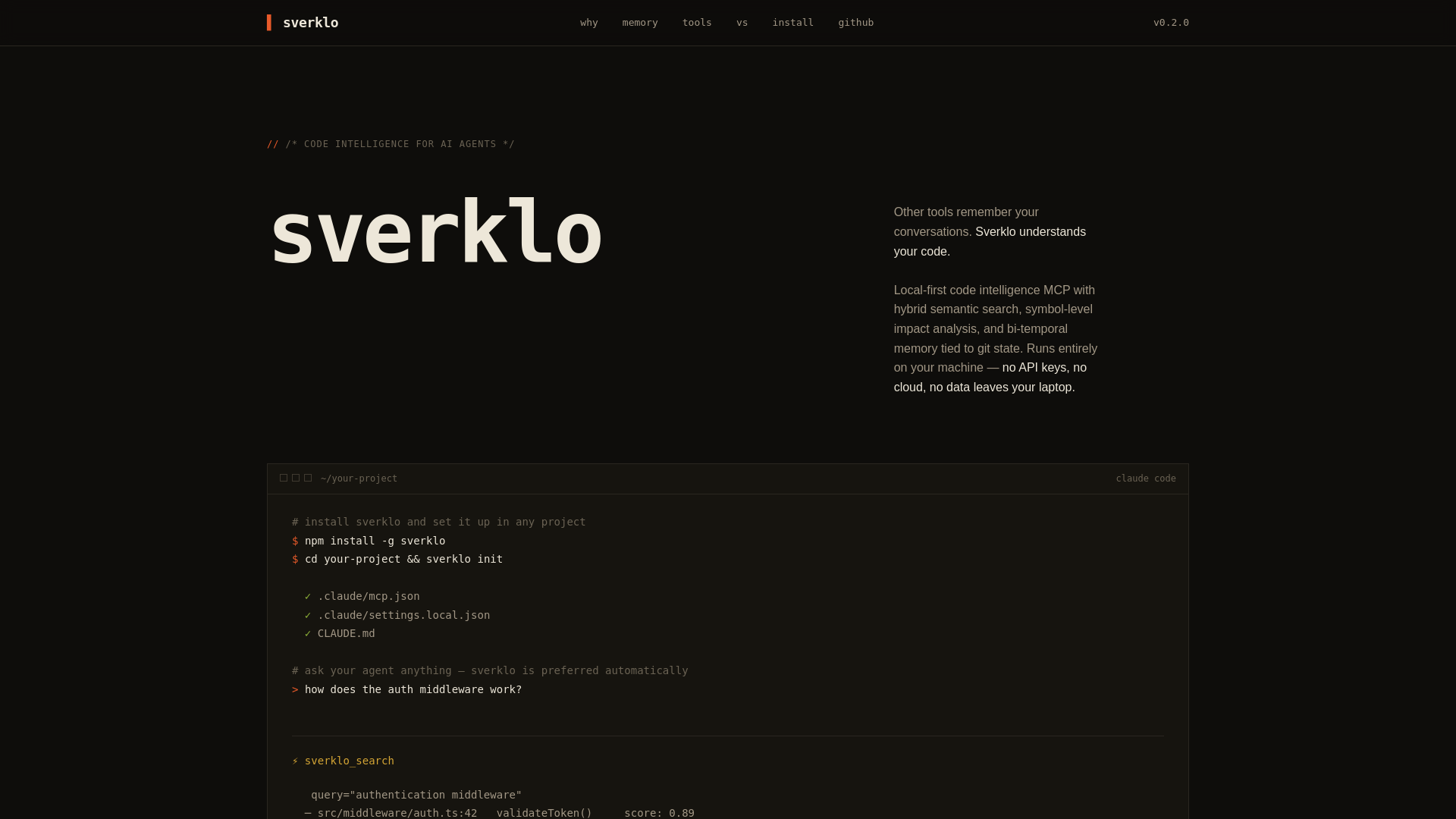 website screenshot of https://sverklo.com/