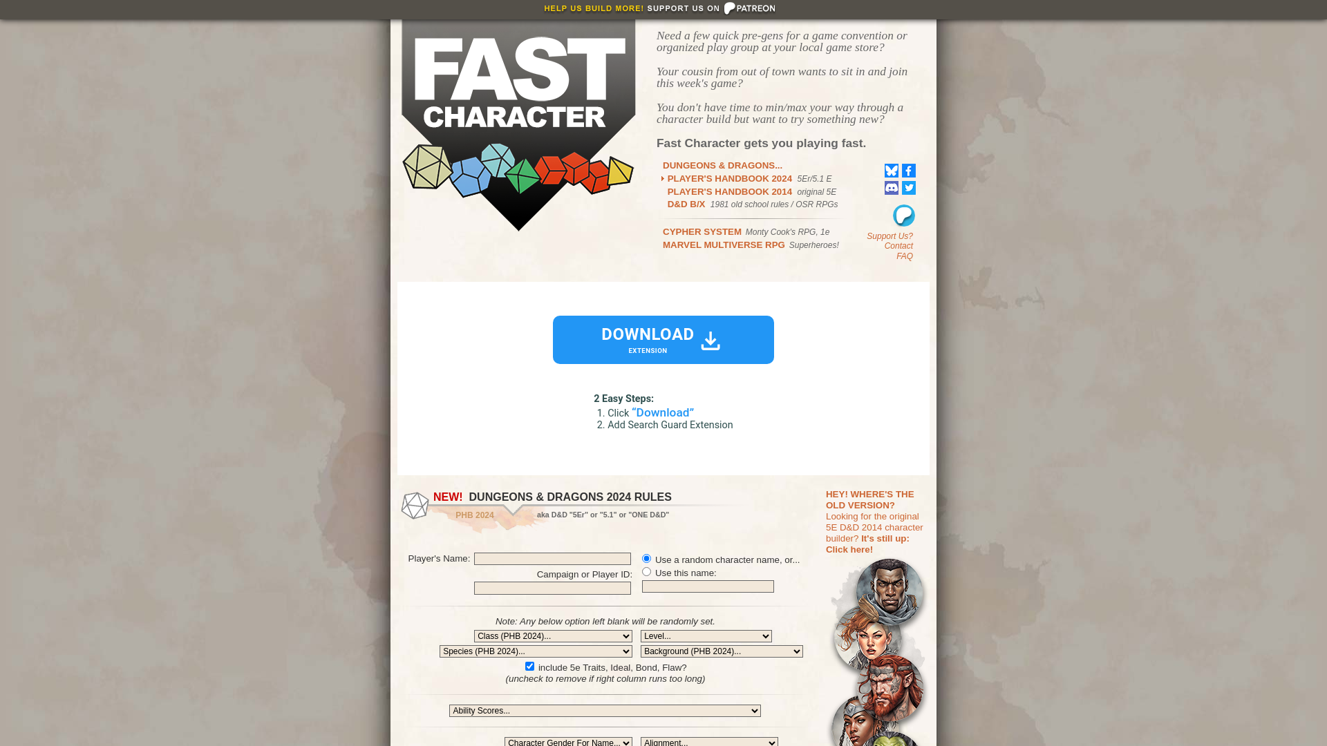 website screenshot of https://characterquickbuilder.com/