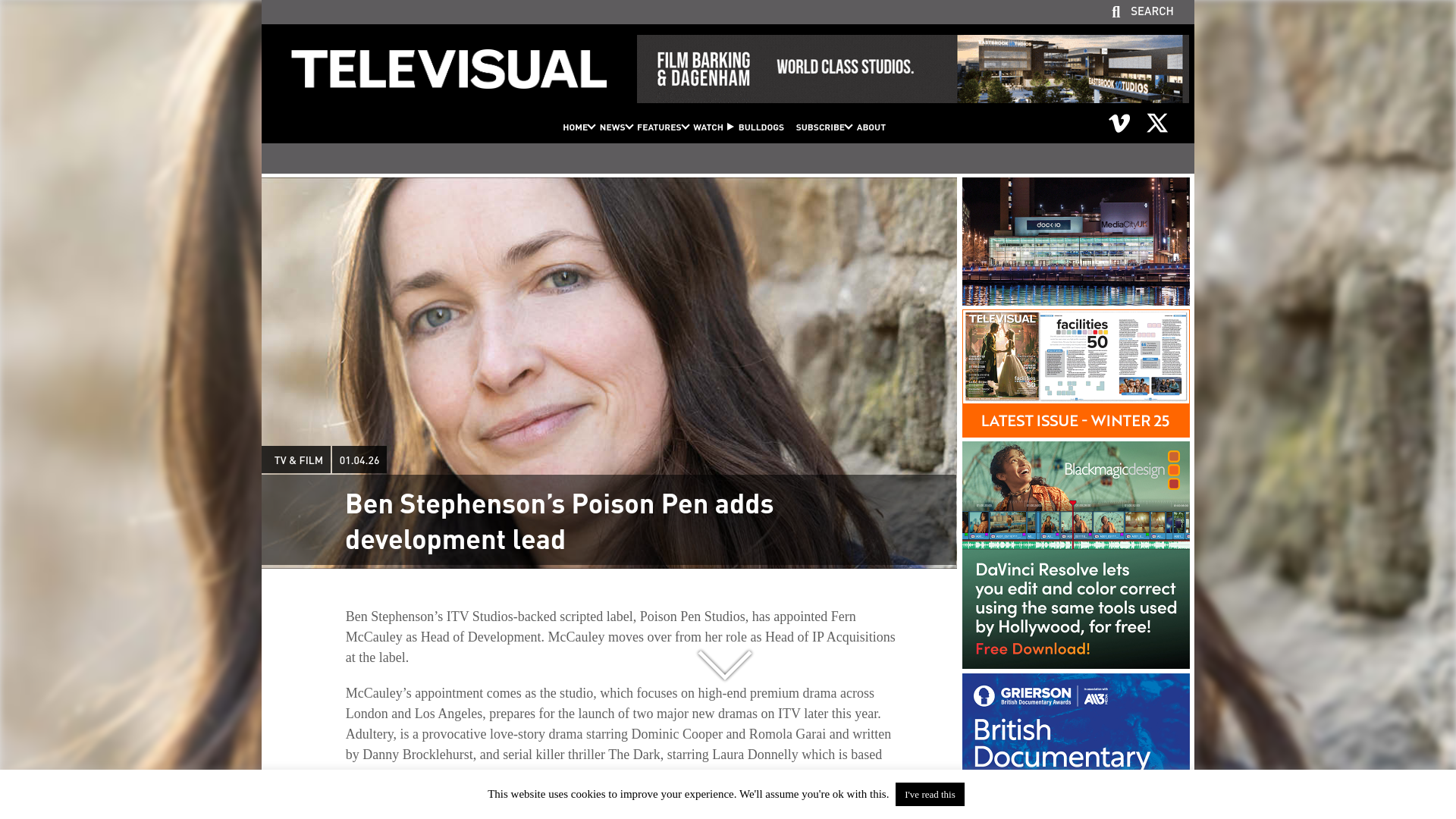 website screenshot of https://www.televisual.com/news/ben-stephensons-poison-pen-adds-development-lead/