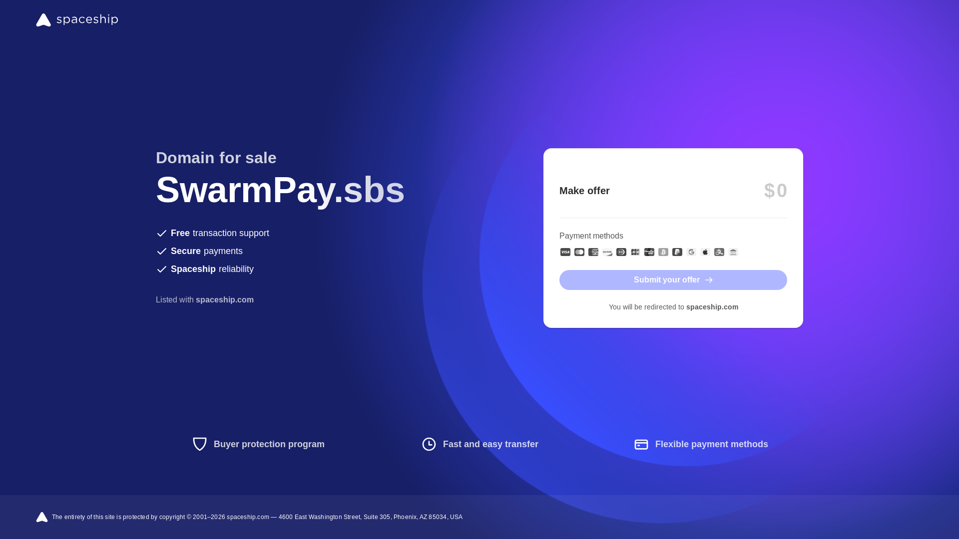website screenshot of https://swarmpay.sbs/