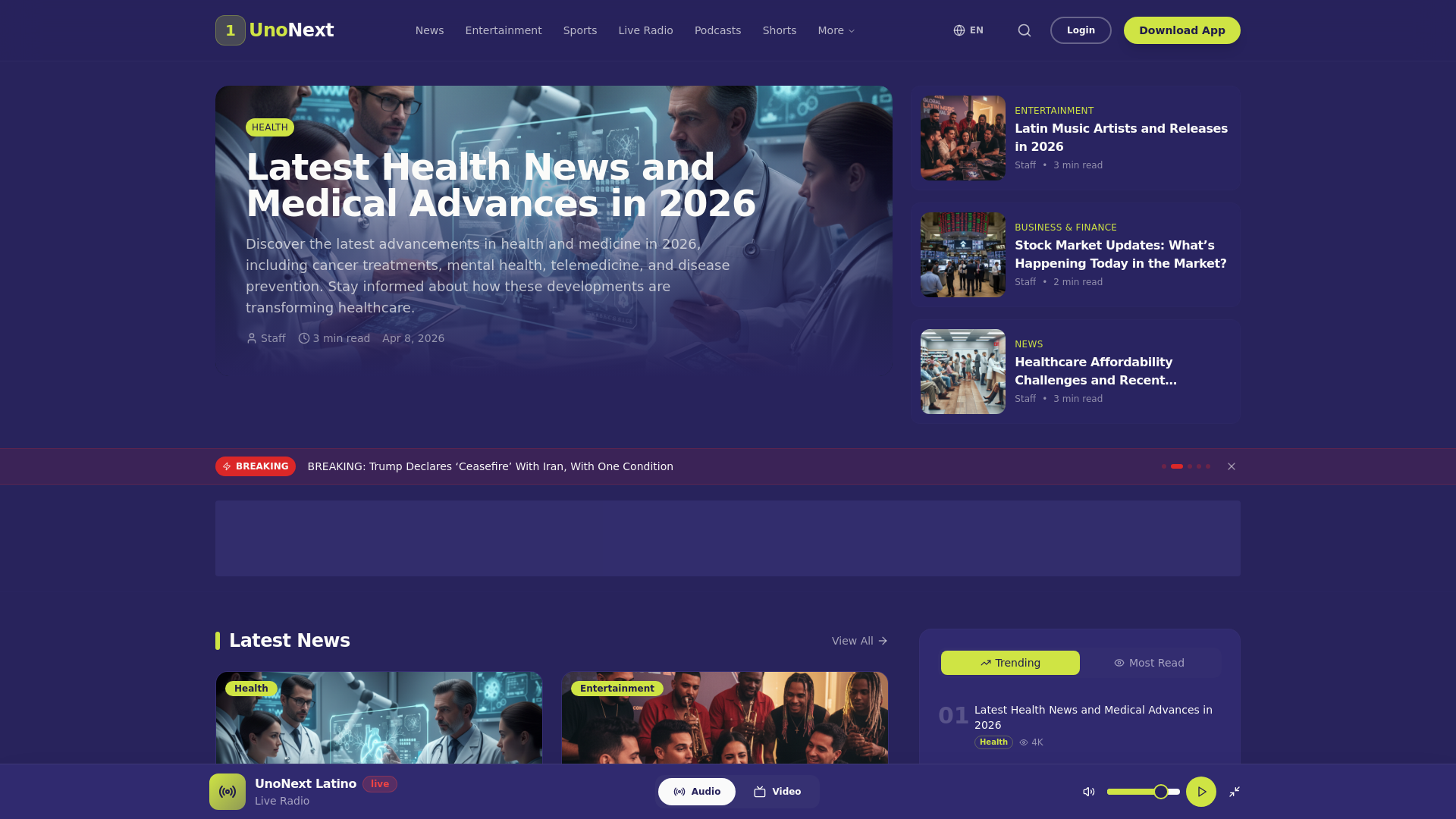 website screenshot of https://unonextpodcasts.com