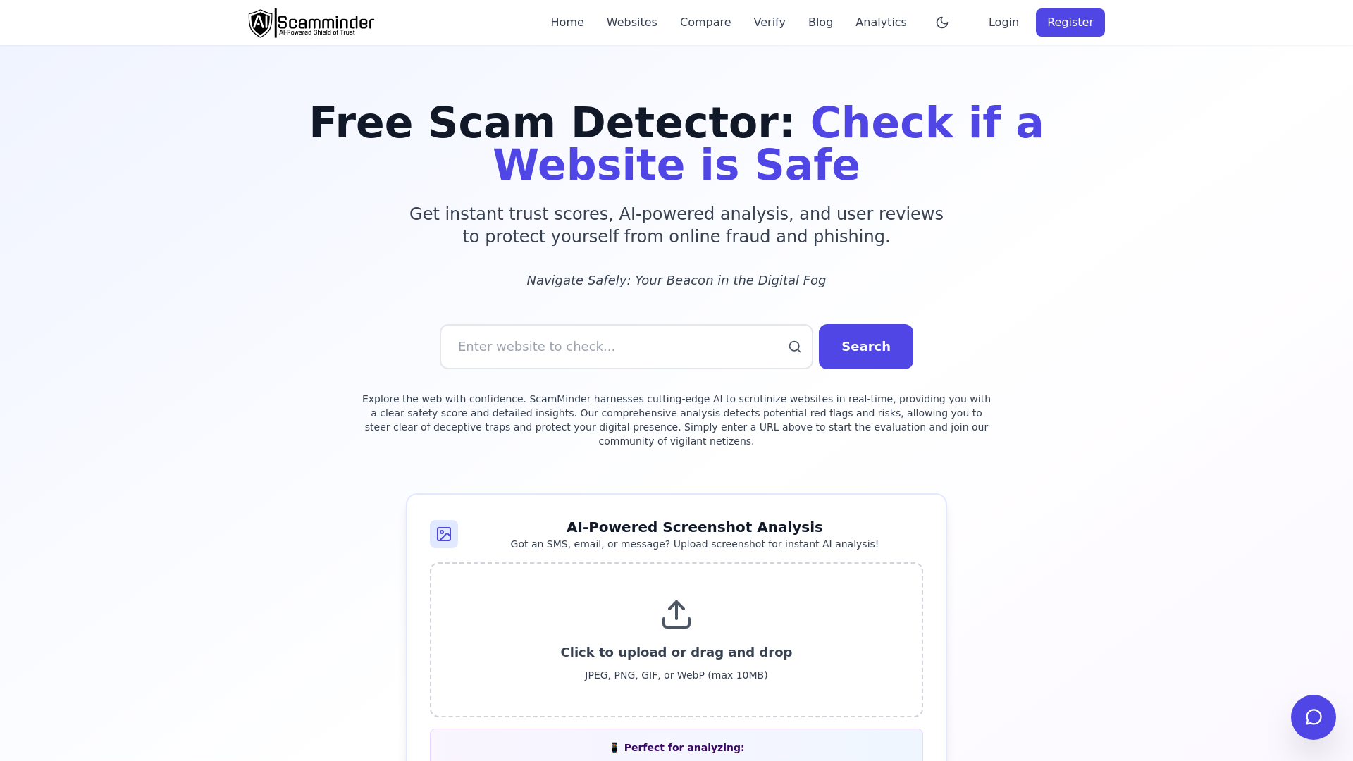 website screenshot of https://scamminder.com/