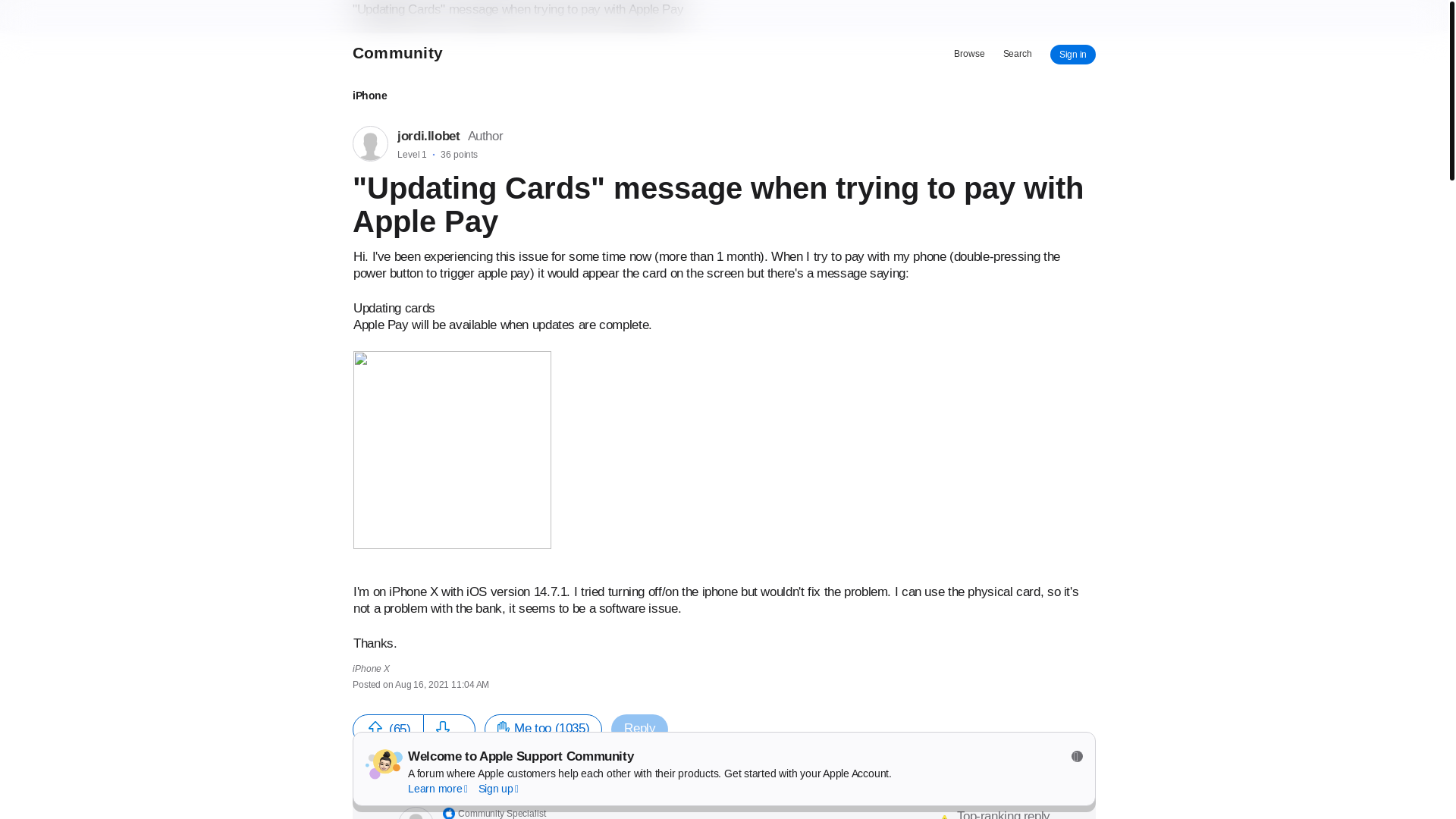 website screenshot of https://discussions.apple.com/thread/253054325