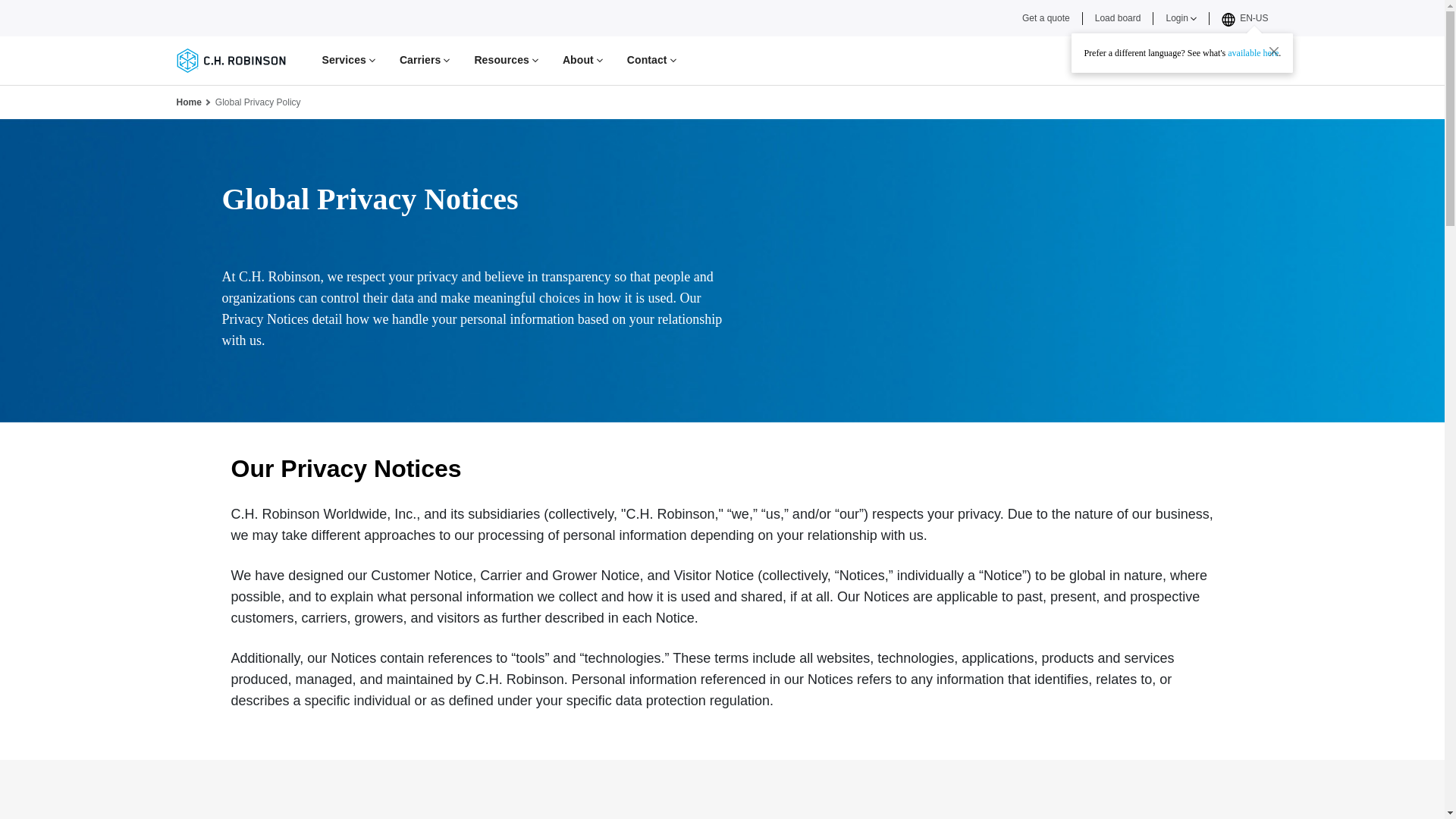 website screenshot of https://www.chrobinson.com/en-us/privacy-notice/