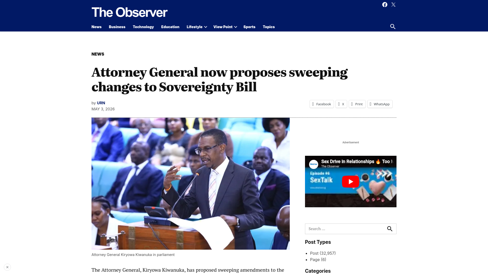 website screenshot of https://observer.ug/news/attorney-general-now-proposes-sweeping-changes-to-sovereignty-bill/