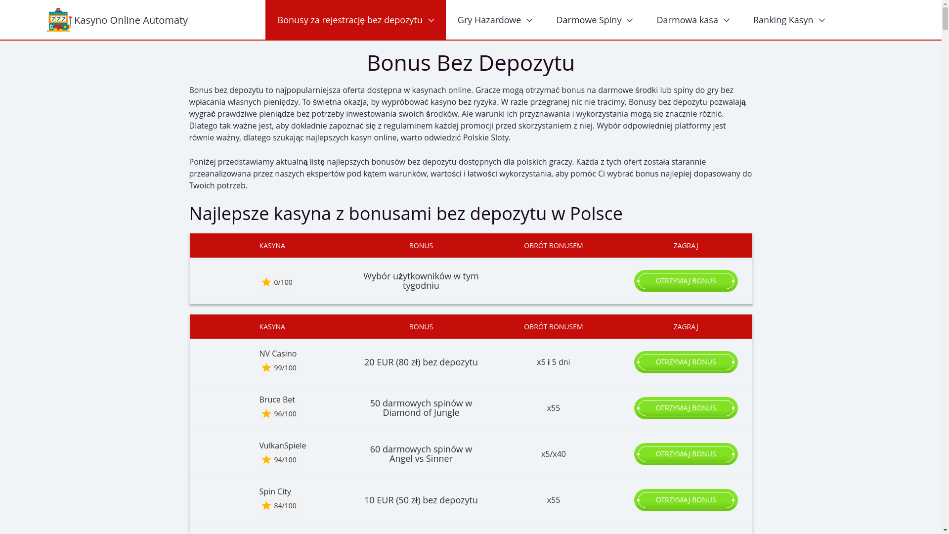 website screenshot of https://kasyno-bez-depozytu.online/