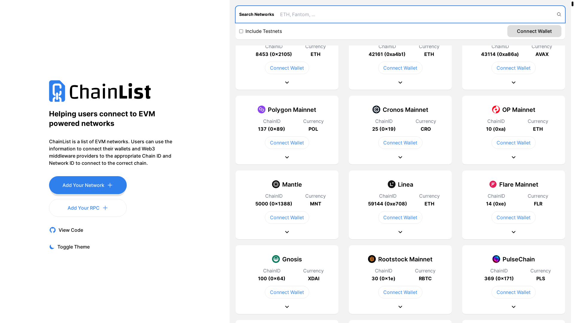website screenshot of https://www.chainlist.one/