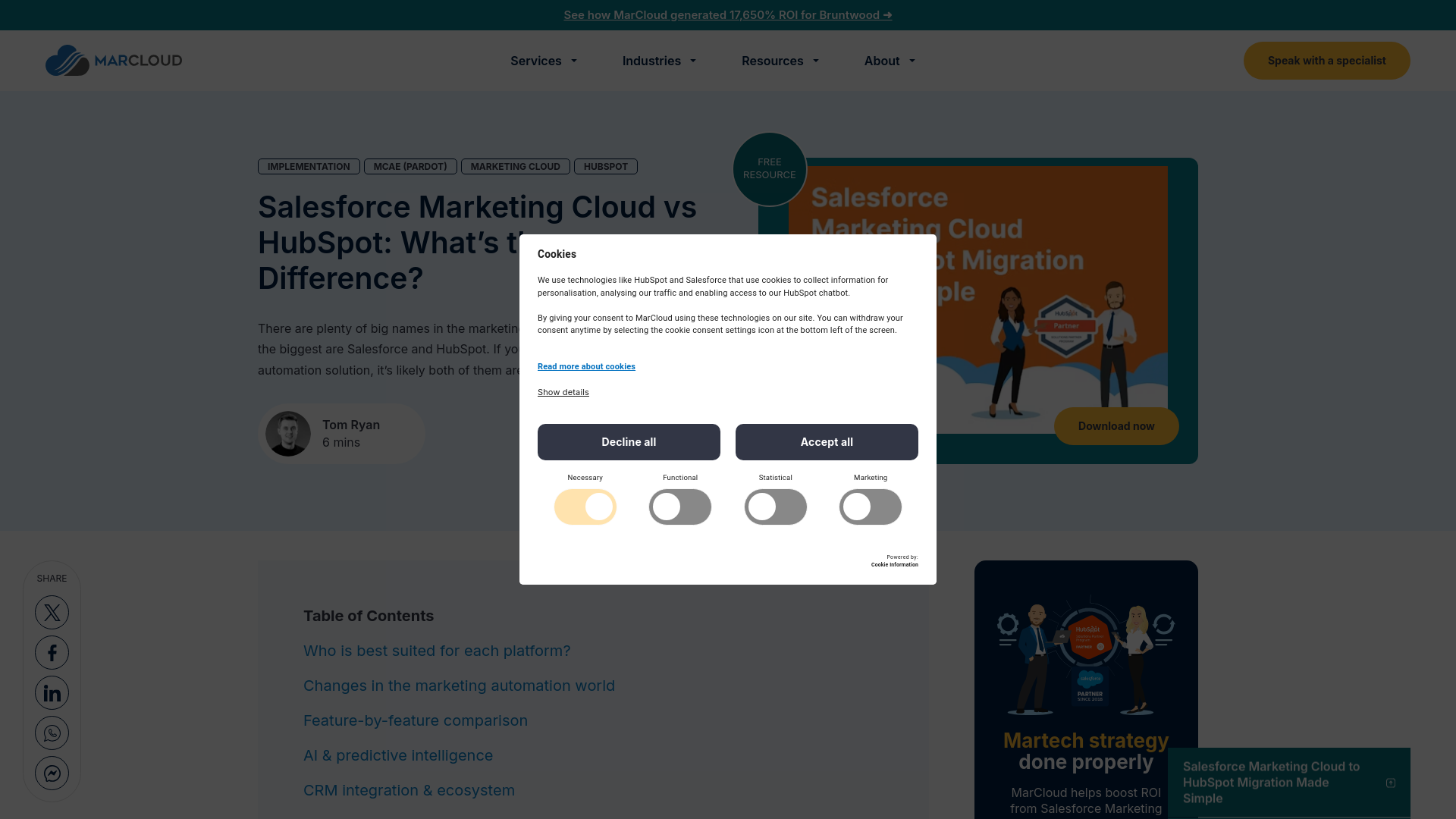 website screenshot of https://marcloudconsulting.com/implementation/salesforce-marketing-cloud-vs-hubspot/