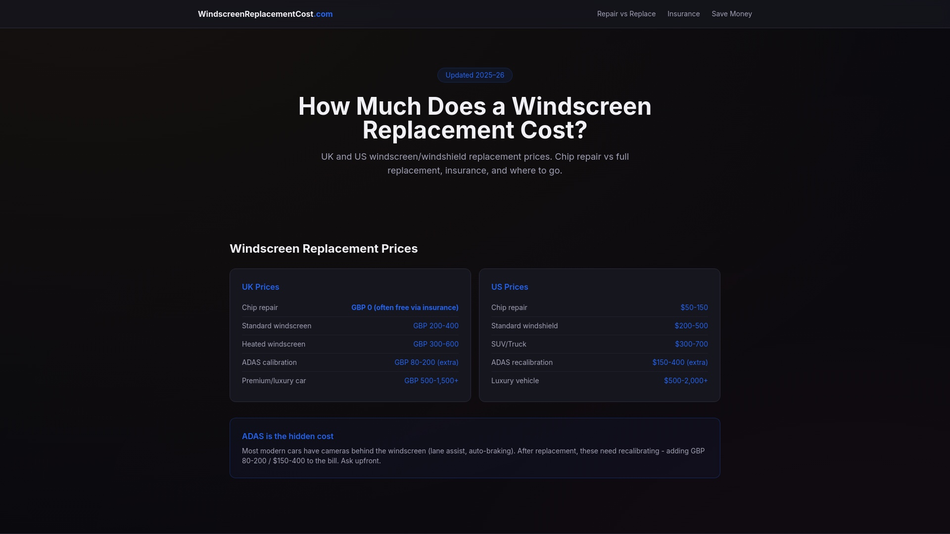 website screenshot of https://windscreenreplacementcost.pages.dev/