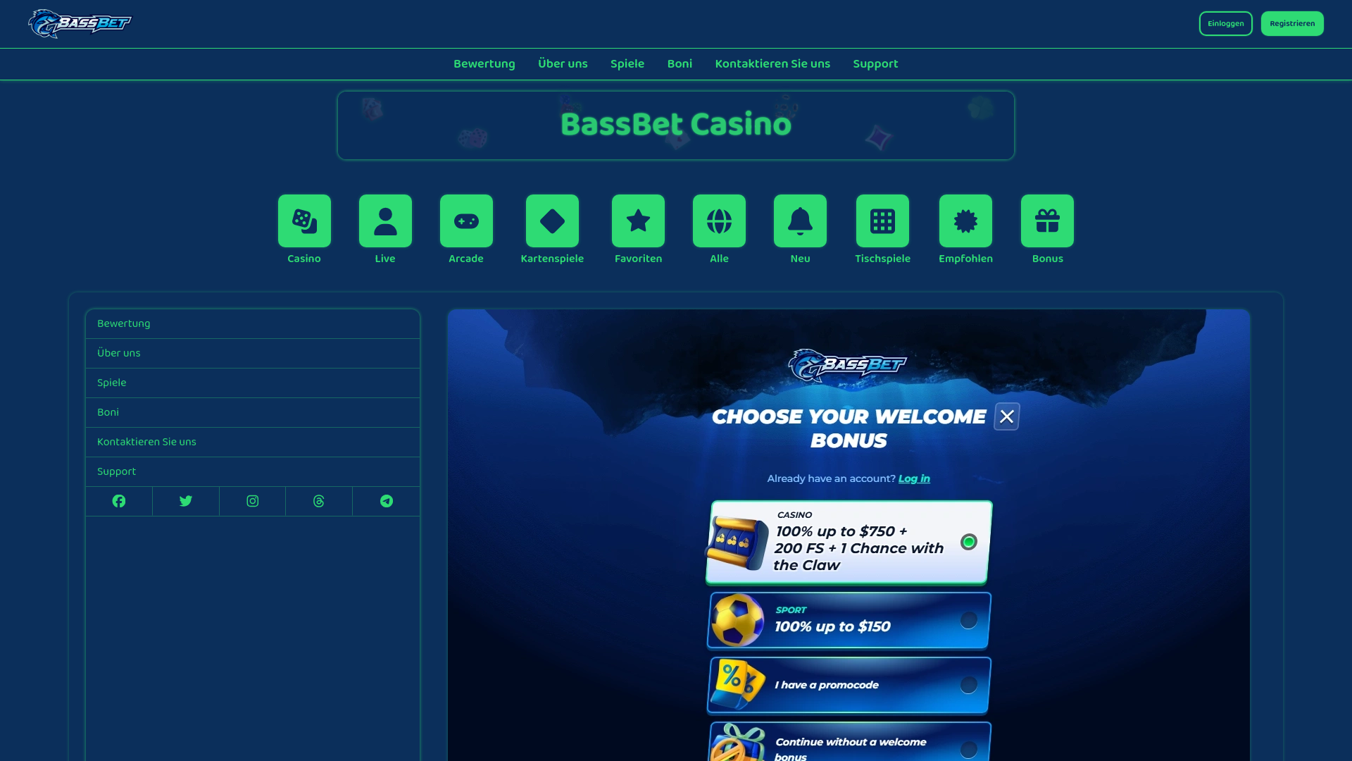 website screenshot of https://casino-bassbet.de