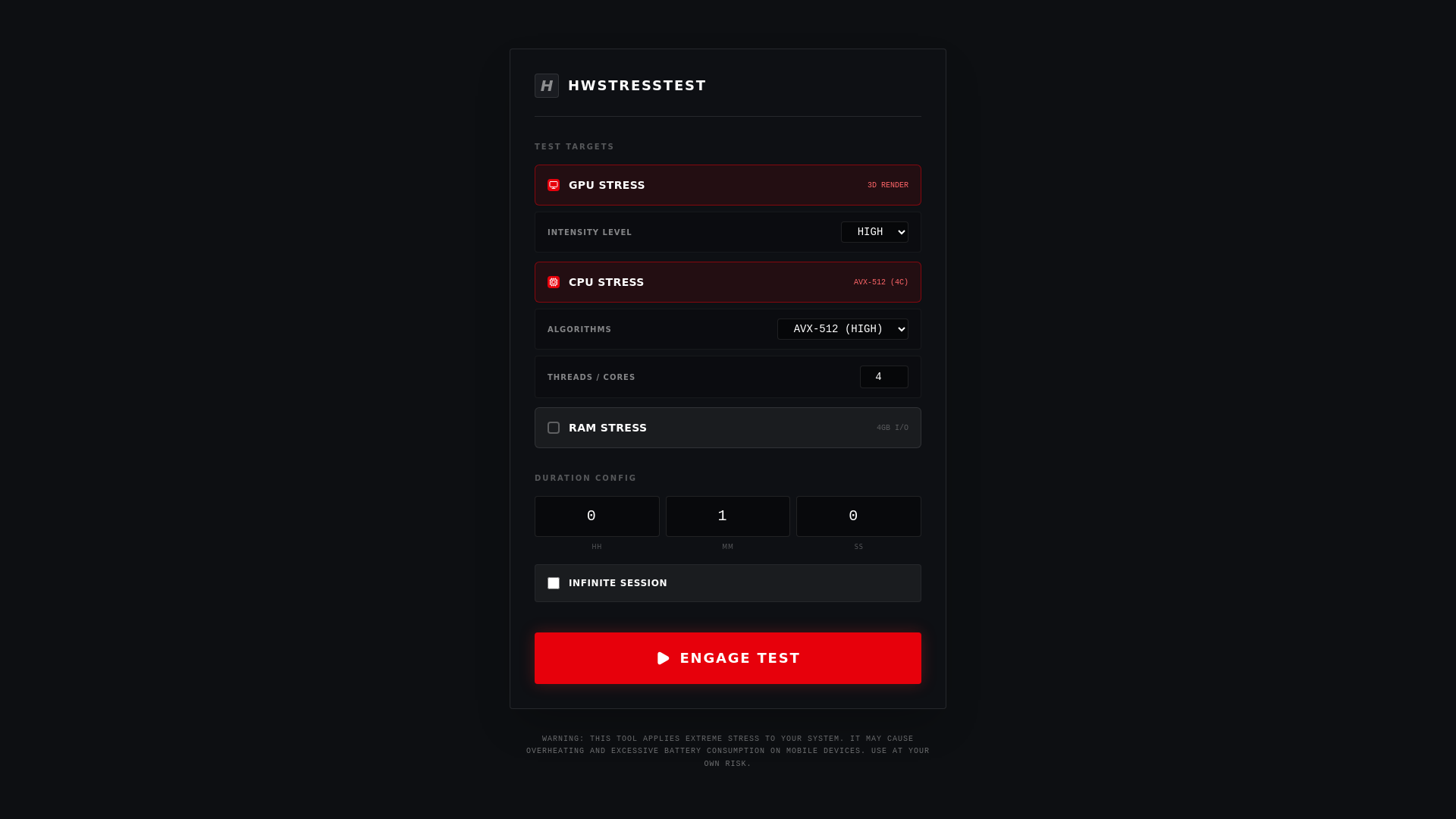 website screenshot of https://hwstresstest.com/