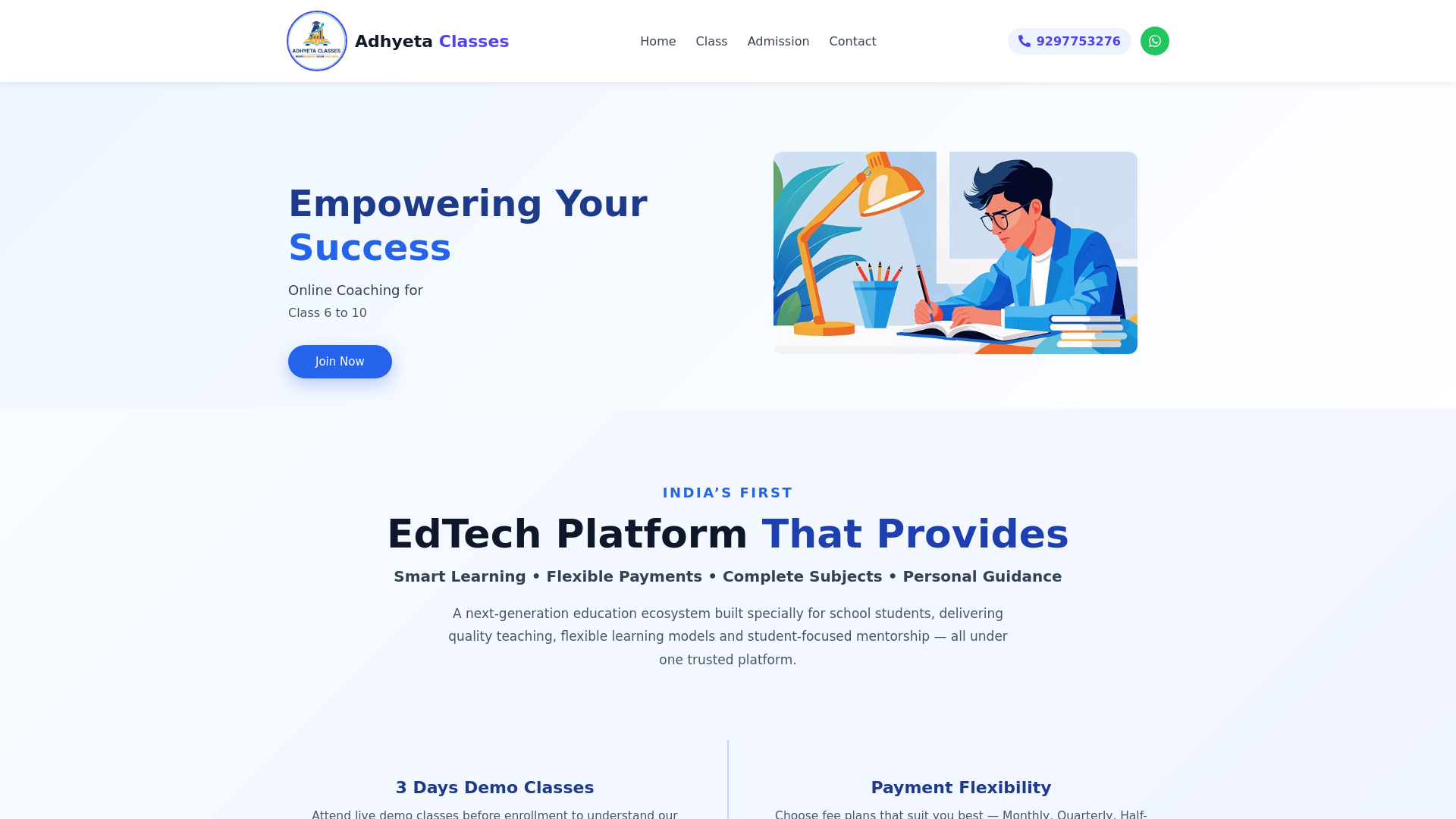 website screenshot of https://adhyetaclasses.com