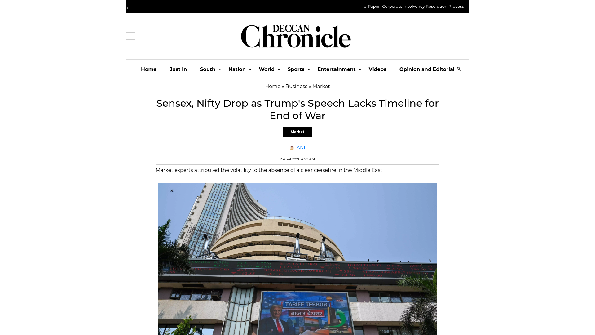 website screenshot of https://www.deccanchronicle.com/business/market/sensex-nifty-drop-as-trumps-speech-lacks-timeline-for-end-of-war-1947986