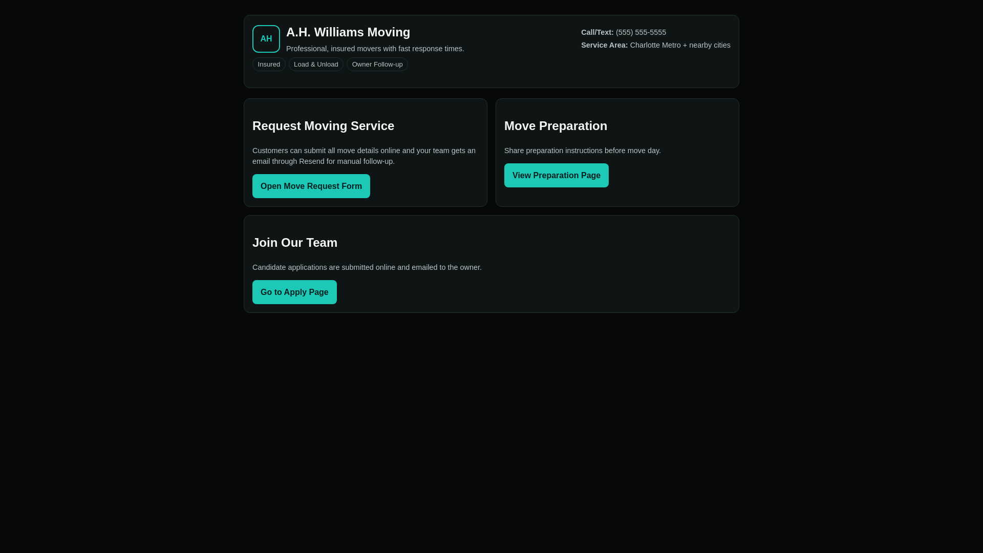 website screenshot of https://ahwilliamsmoving.com/