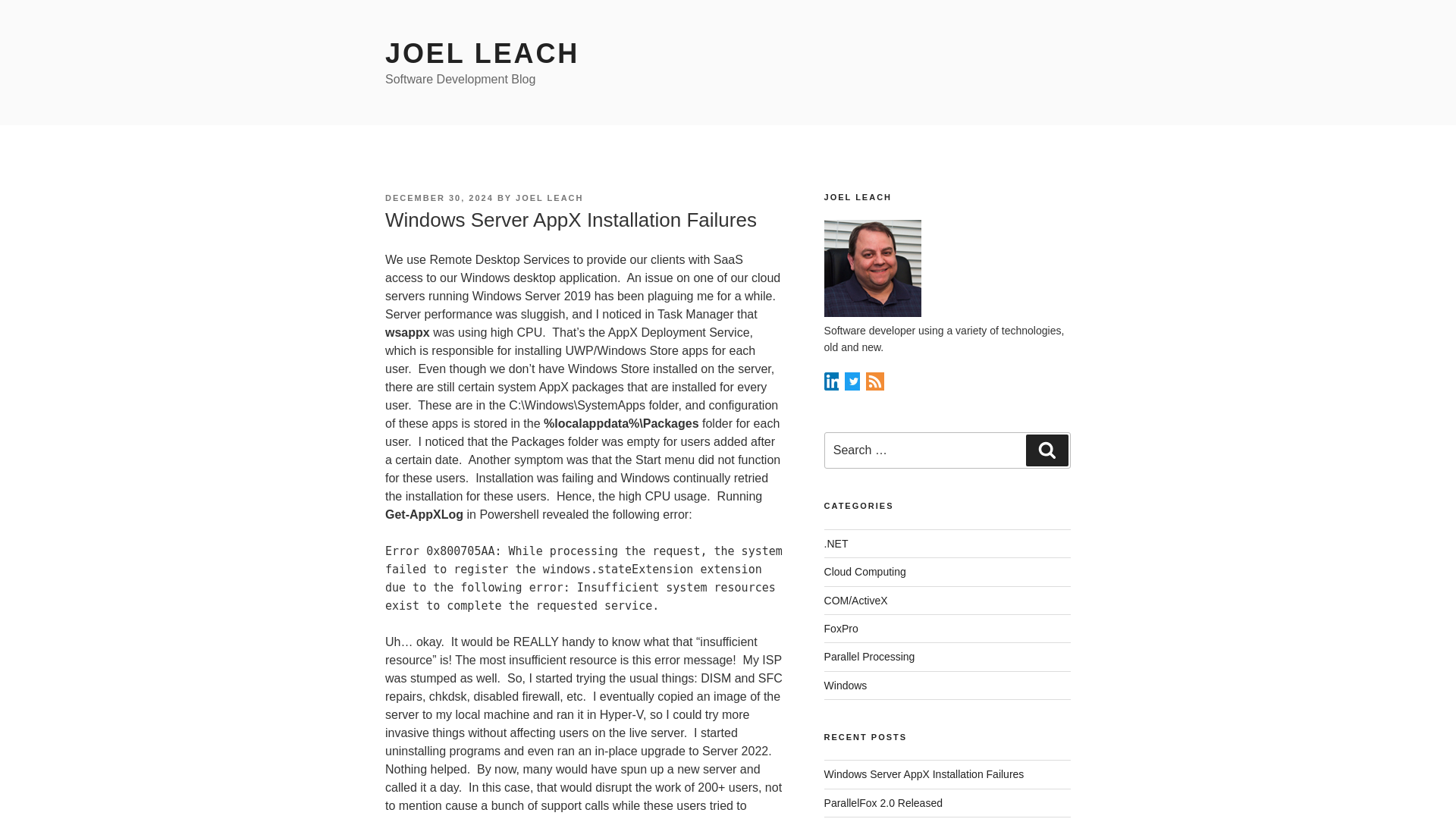 website screenshot of http://www.joelleach.net/2024/12/30/windows-server-appx-installation-failures/