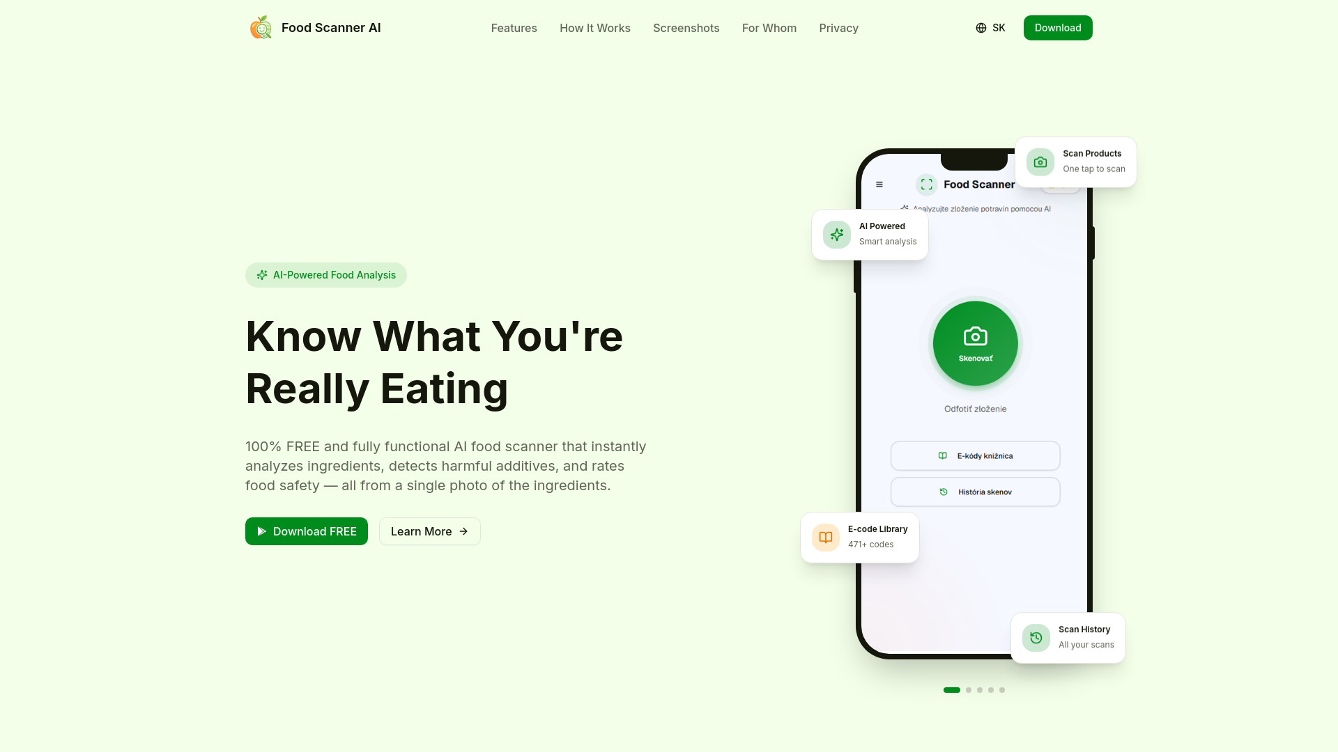 website screenshot of https://foodscannerai.eu/
