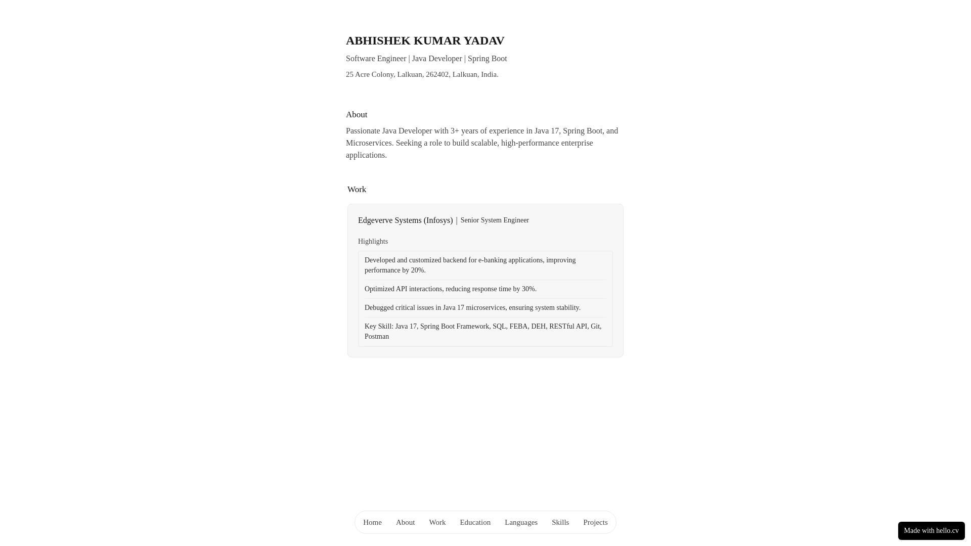 website screenshot of https://yadavabhishek.cv/