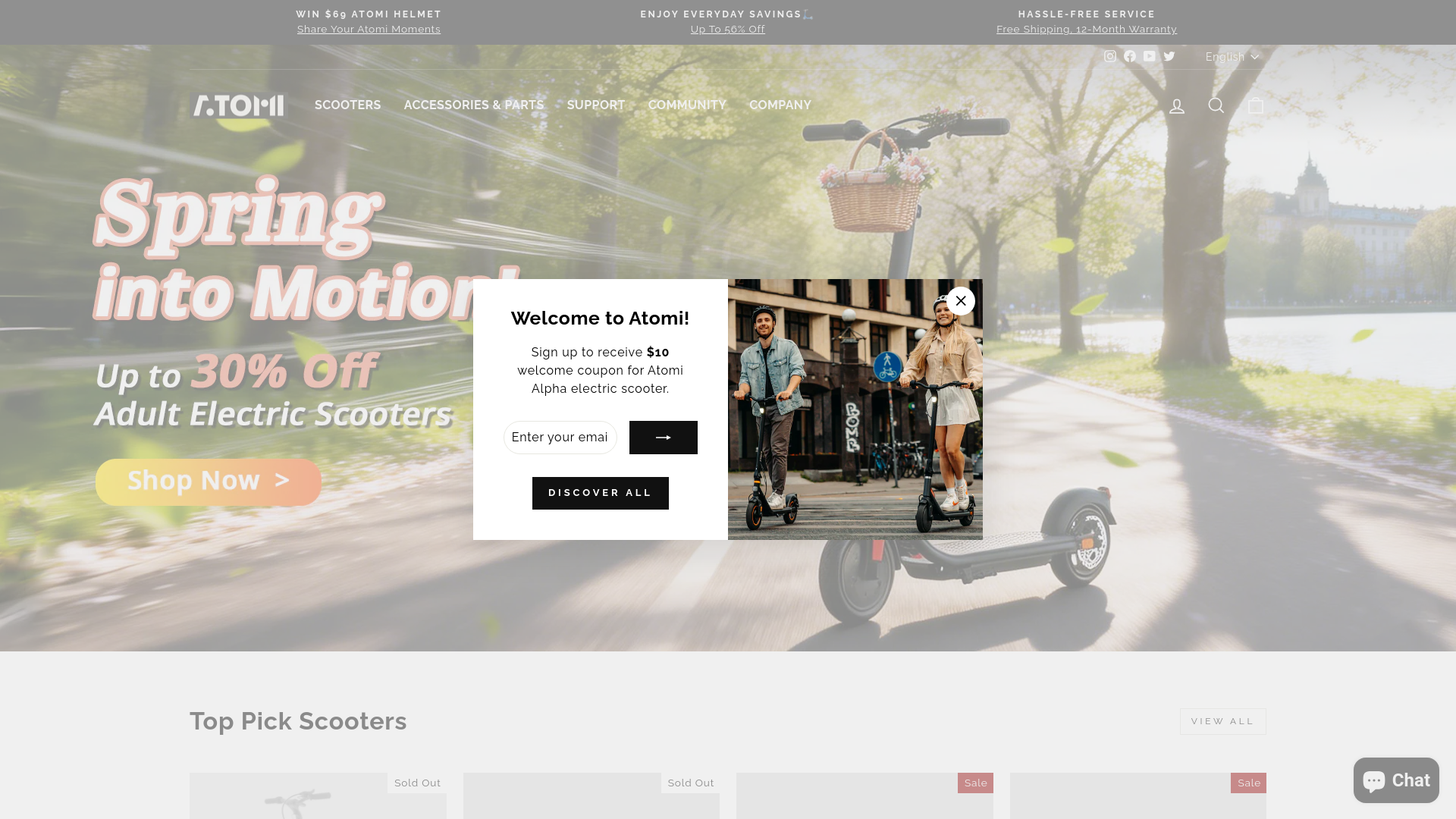 website screenshot of https://www.atomiscooters.com/?utm_source=shareasale&utm_medium=cps&utm_campaign=affiliate
