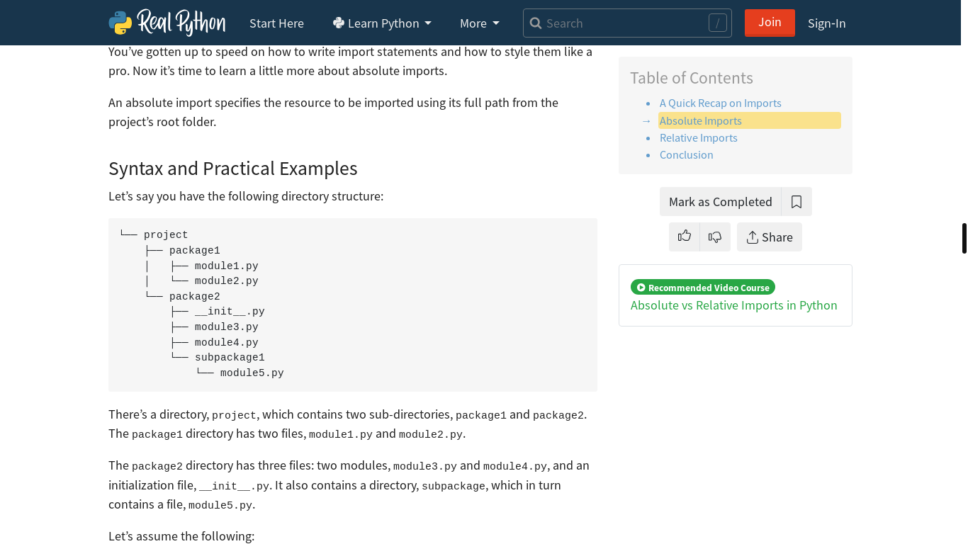 website screenshot of https://realpython.com/absolute-vs-relative-python-imports/#absolute-imports