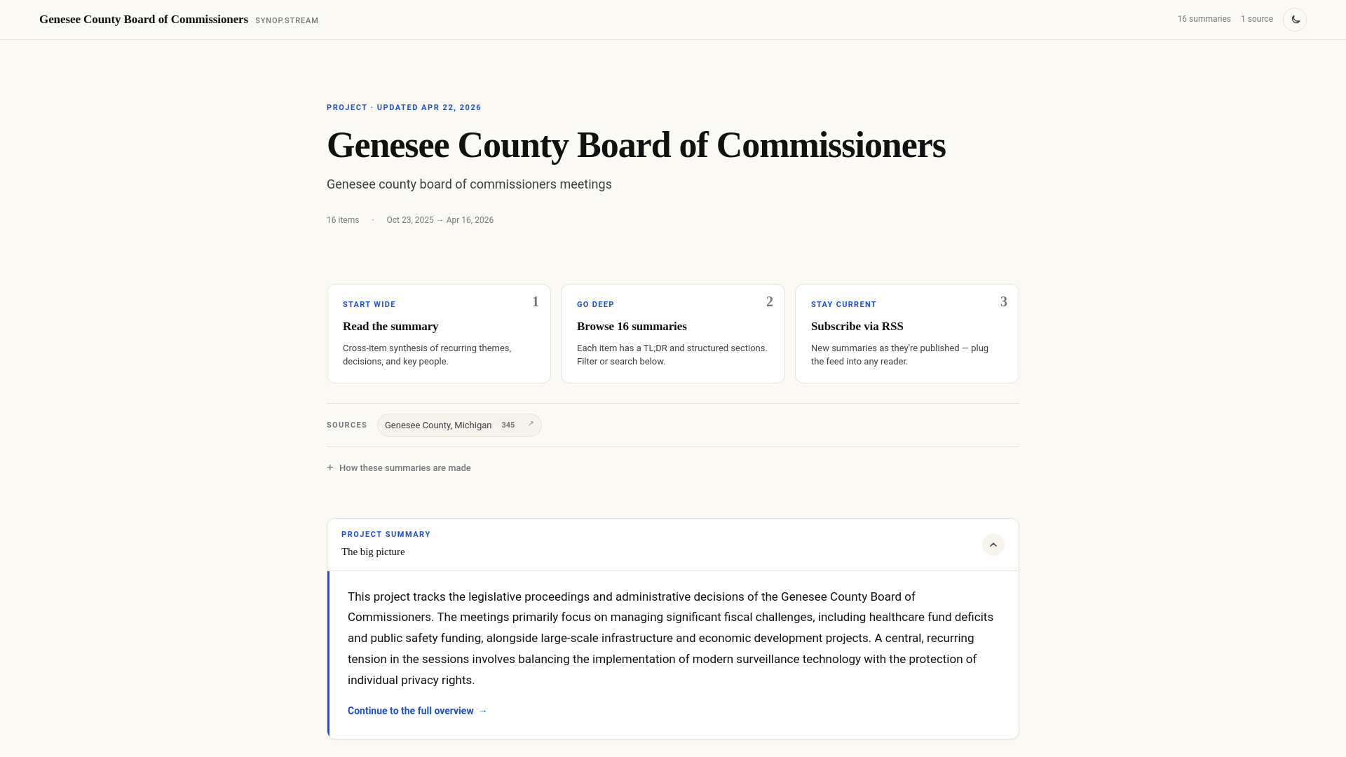 website screenshot of https://synopstream-genesee-county-commissioners.pages.dev/