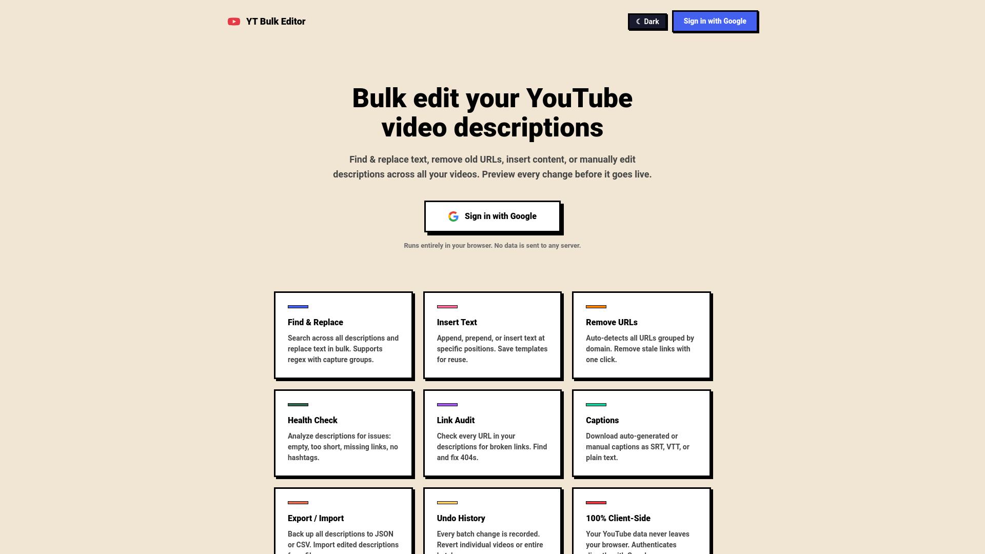 website screenshot of https://youtube-descriptions.pages.dev/
