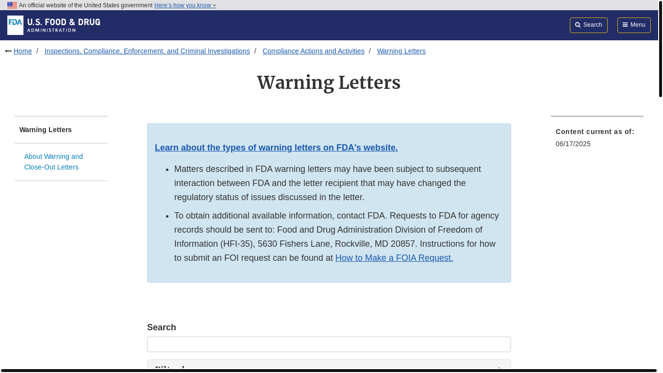 website screenshot of https://links-2.govdelivery.com/CL0/https:%2F%2Fwww.fda.gov%2Finspections-compliance-enforcement-and-criminal-investigations%2Fcompliance-actions-and-activities%2Fwarning-letters%3Futm_medium=email%26utm_source=govdelivery/1/0101019782ec7725-cb5228a9-a505-48bd-816d-31dbad1572de-000000/KTKNJgpuGQev4_CTnHZ2PuFRTIKMA8c5havzN3Shdoo=410