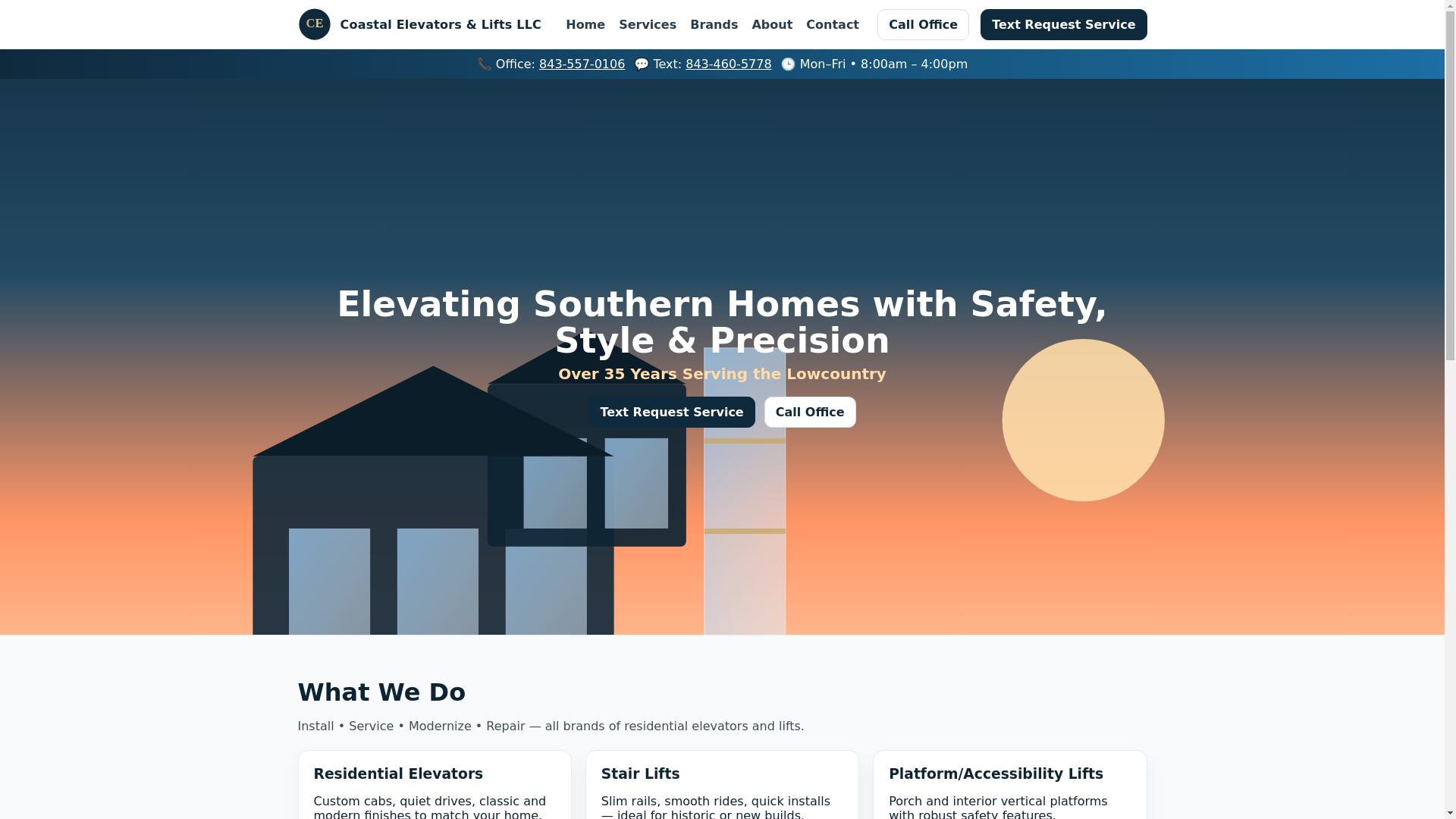 website screenshot of https://coastalelevatorsandlifts.com/