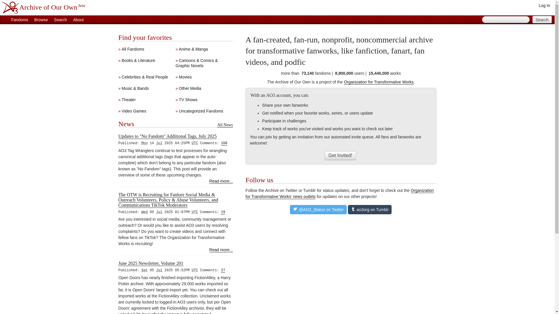 website screenshot of https://archiveofourown.org/