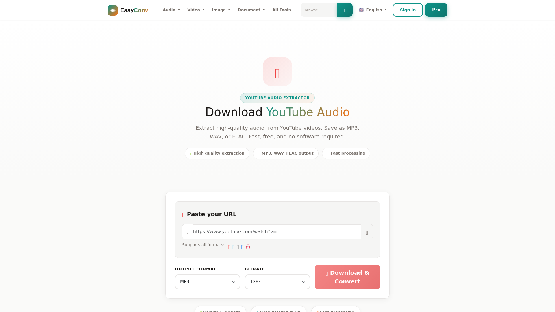 website screenshot of https://easyconv.com/tools/youtube-to-mp3