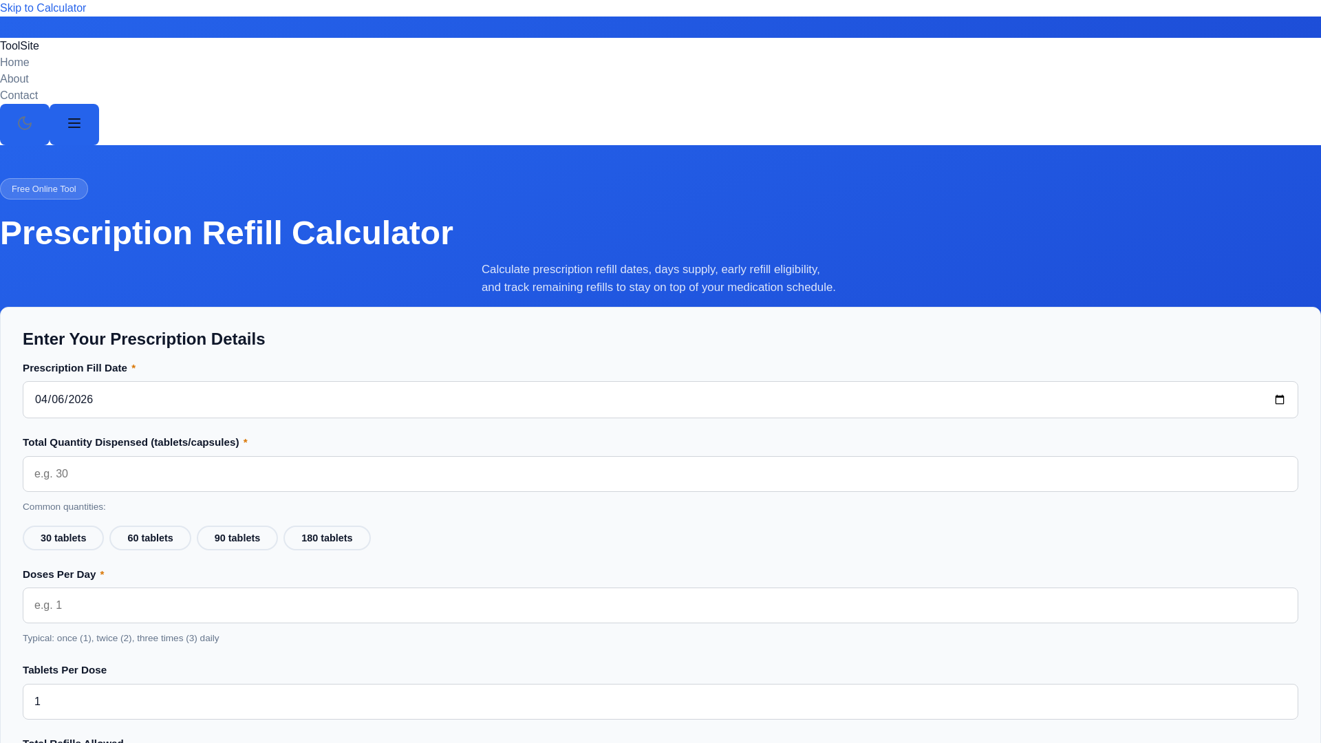 website screenshot of https://prescriptionrefillcalculator.pages.dev/