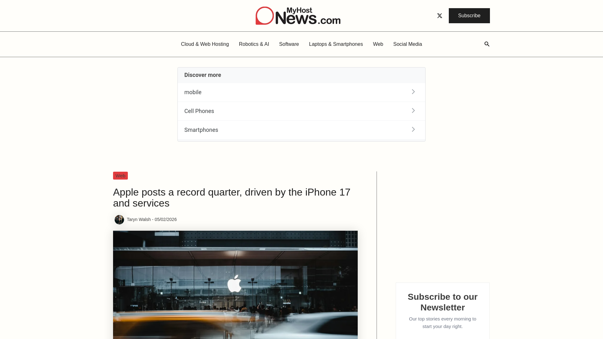 website screenshot of https://myhostnews.com/apple-posts-a-record-quarter-driven-by-the-iphone-17-and-services/