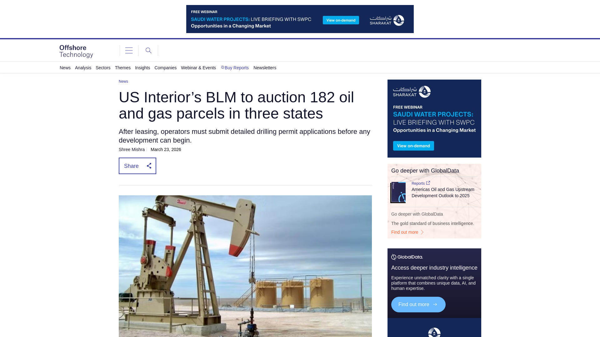 website screenshot of https://www.offshore-technology.com/news/blm-auction-182-oil-gas-parcels-three-states/