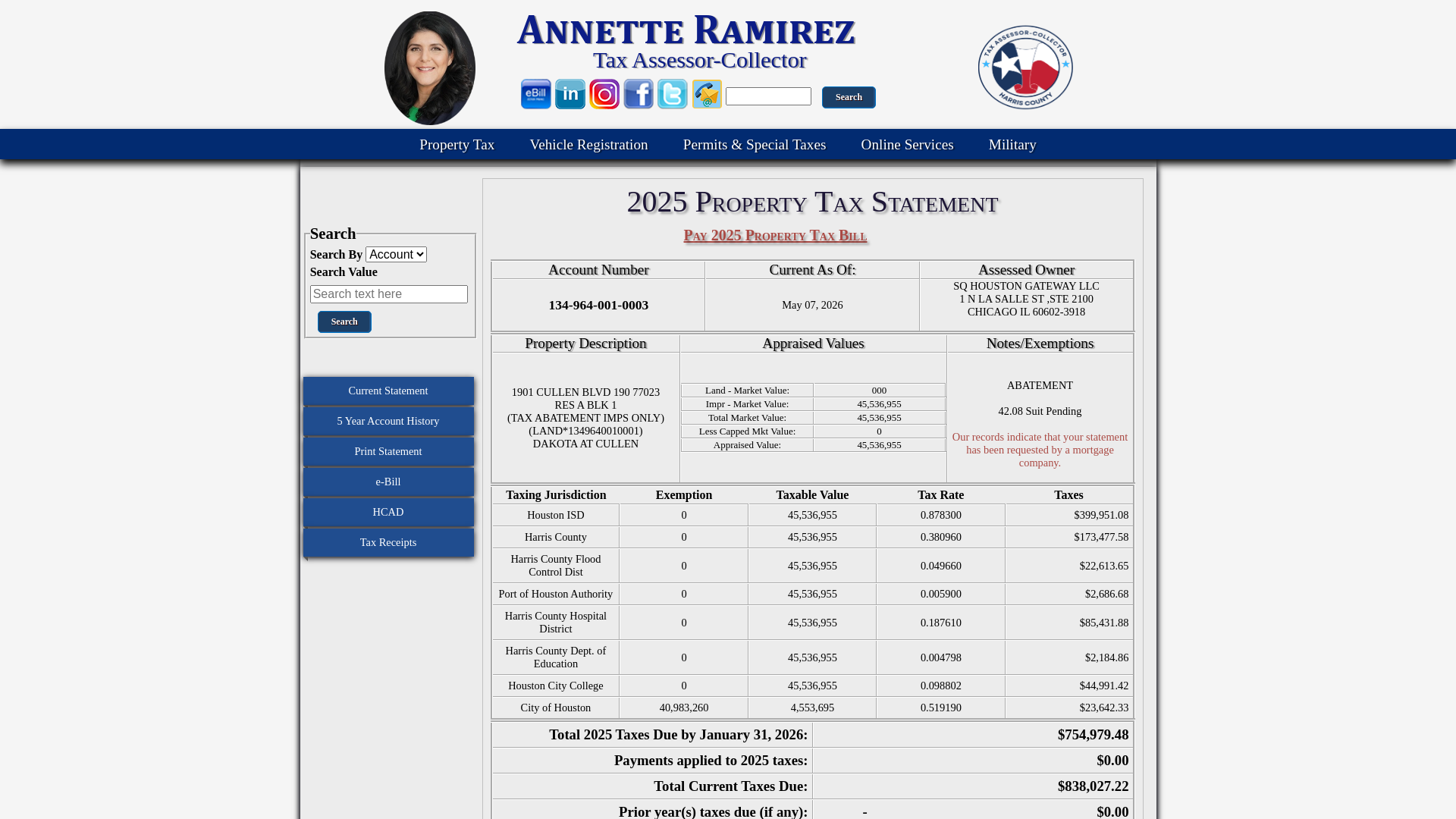 website screenshot of https://www.hctax.net/Property/TaxStatement?account=ScJGIdUhANy8mBNyHQ5yuSwZPwTBkA2Yifx9mM45vC8=