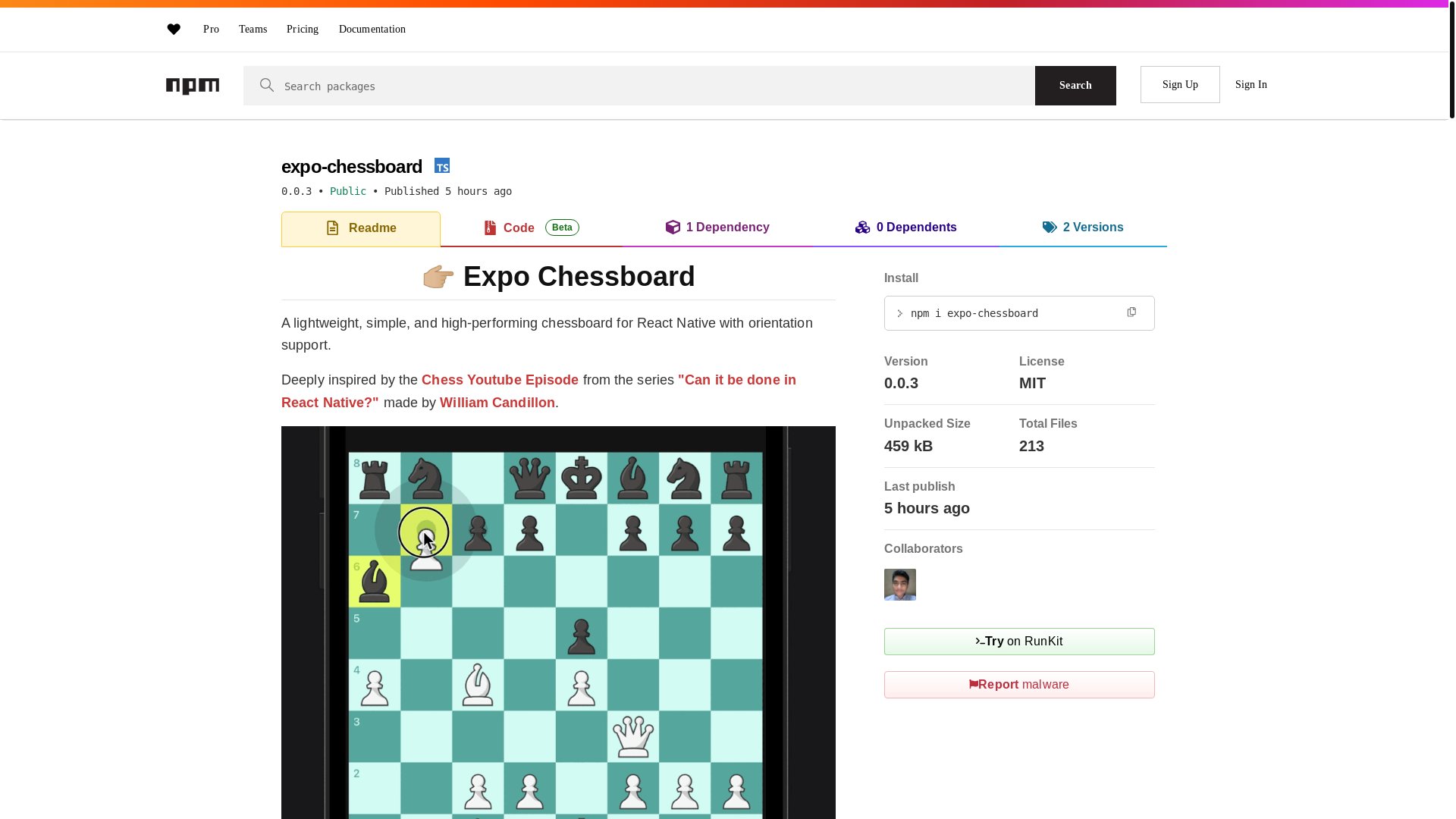 website screenshot of https://www.npmjs.com/package/expo-chessboard