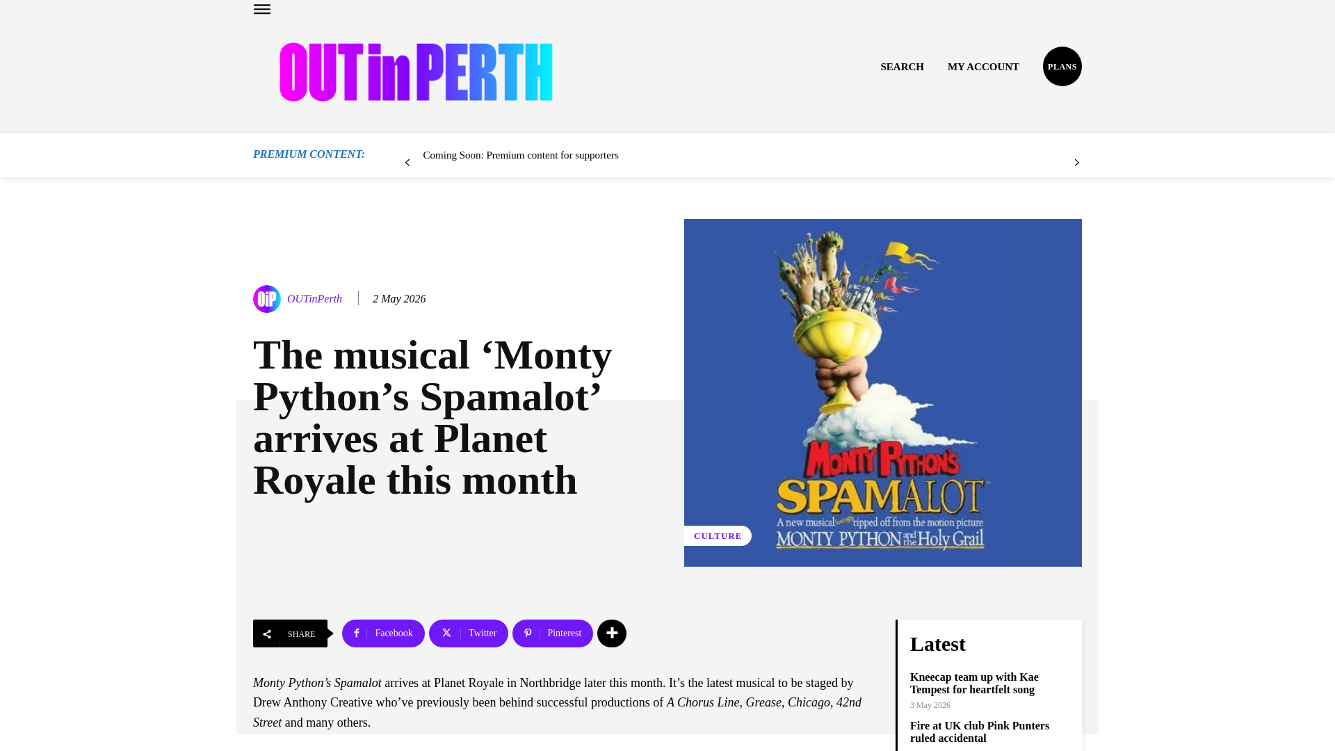 website screenshot of https://www.outinperth.com/the-musical-monty-pythons-spamalot-arrives-at-planet-royale-this-month/