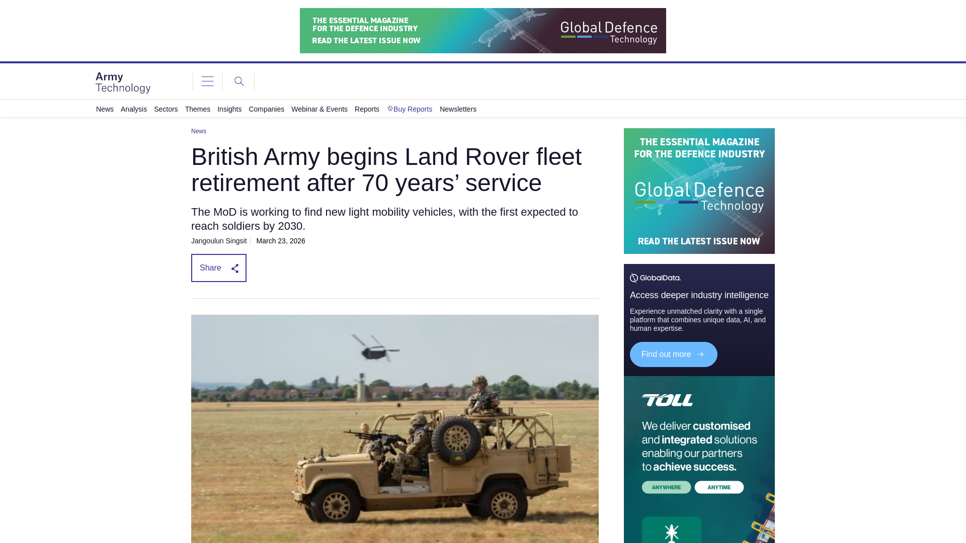 website screenshot of https://www.army-technology.com/news/british-army-land-rover-retirement/