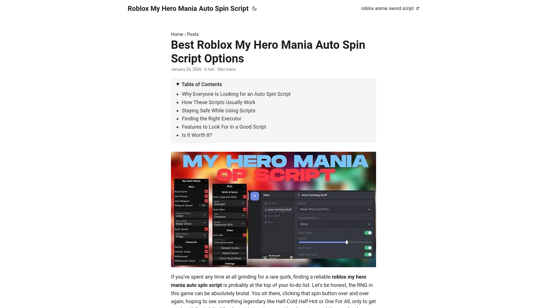 website screenshot of https://roblox-my-hero-mania-auto-spin-script.pages.dev/