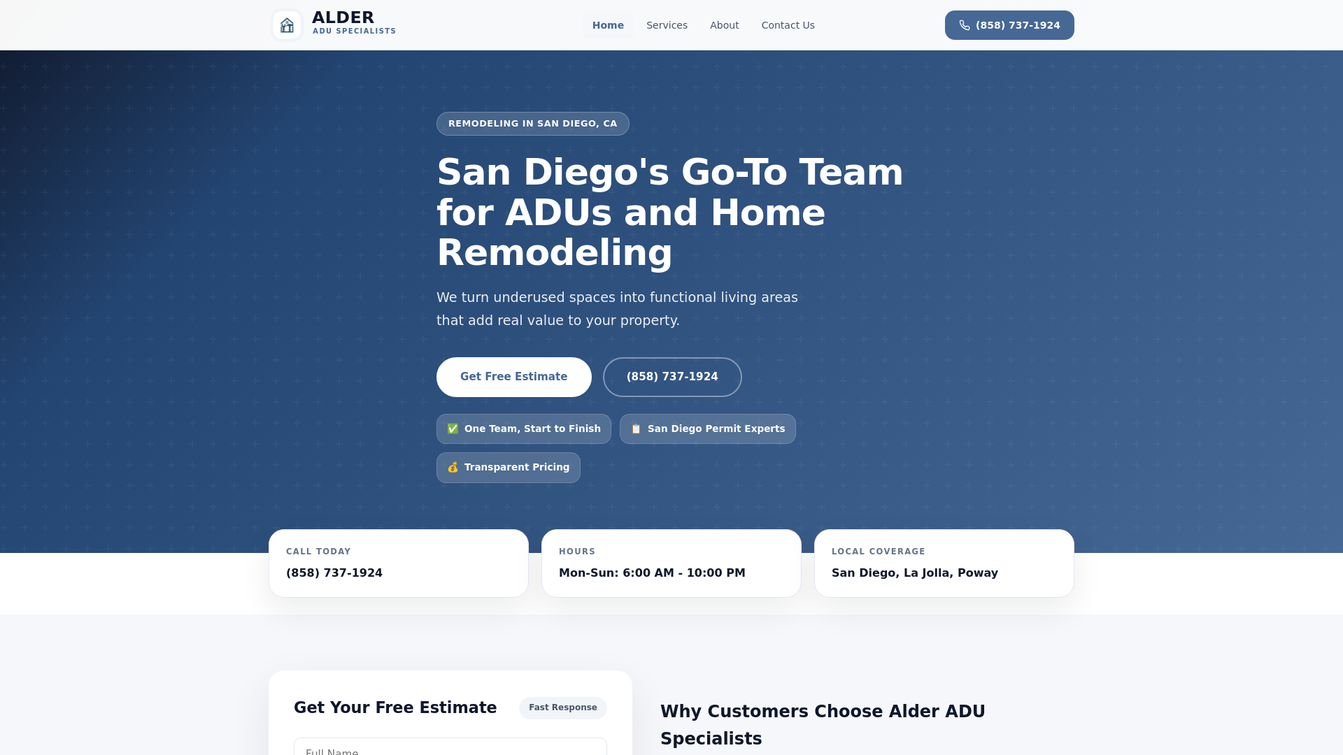 website screenshot of https://alderaduspecialists.homes