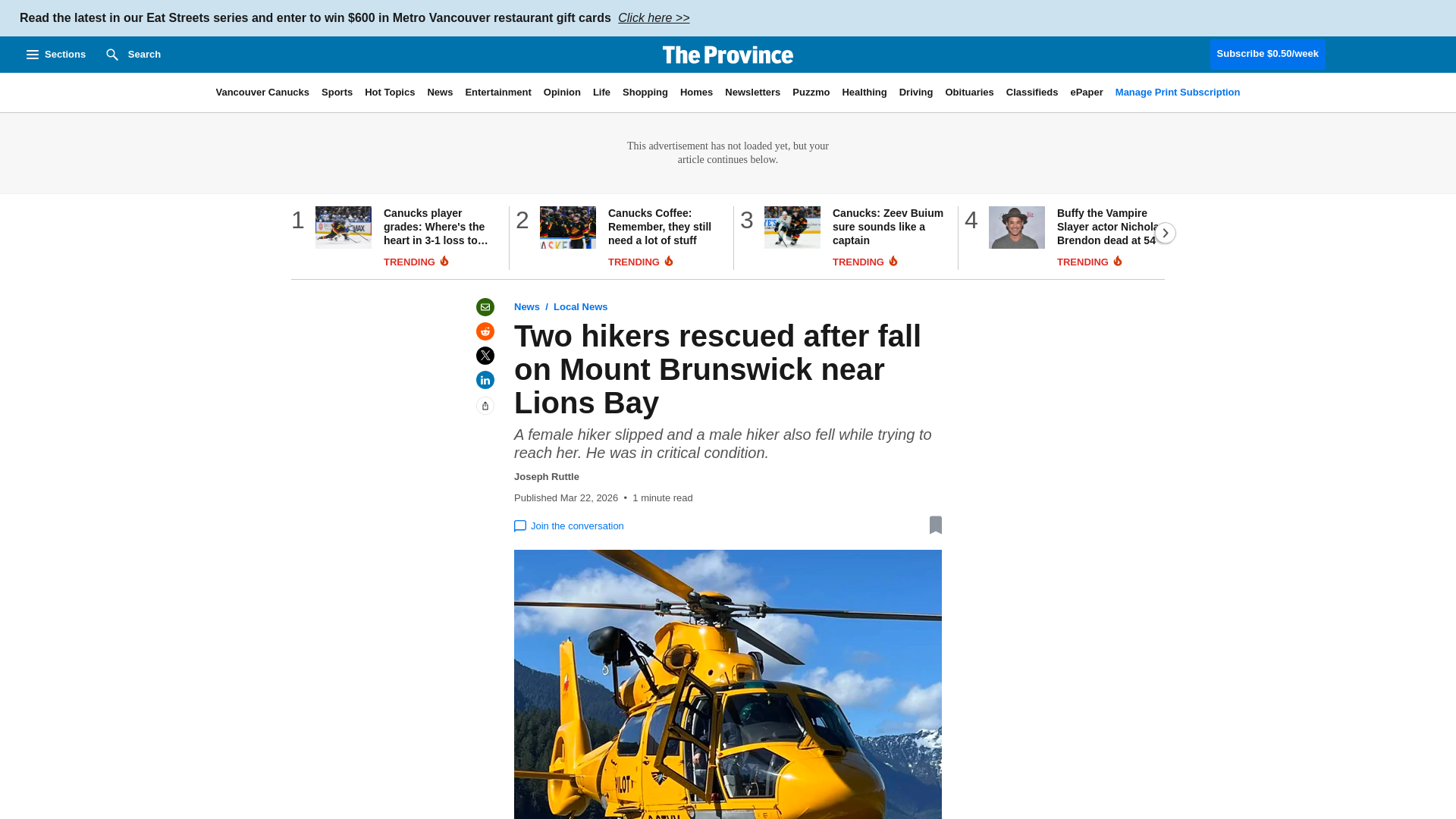 website screenshot of https://theprovince.com/news/two-hikers-rescued-after-fall-on-mount-brunswick-near-lions-bay