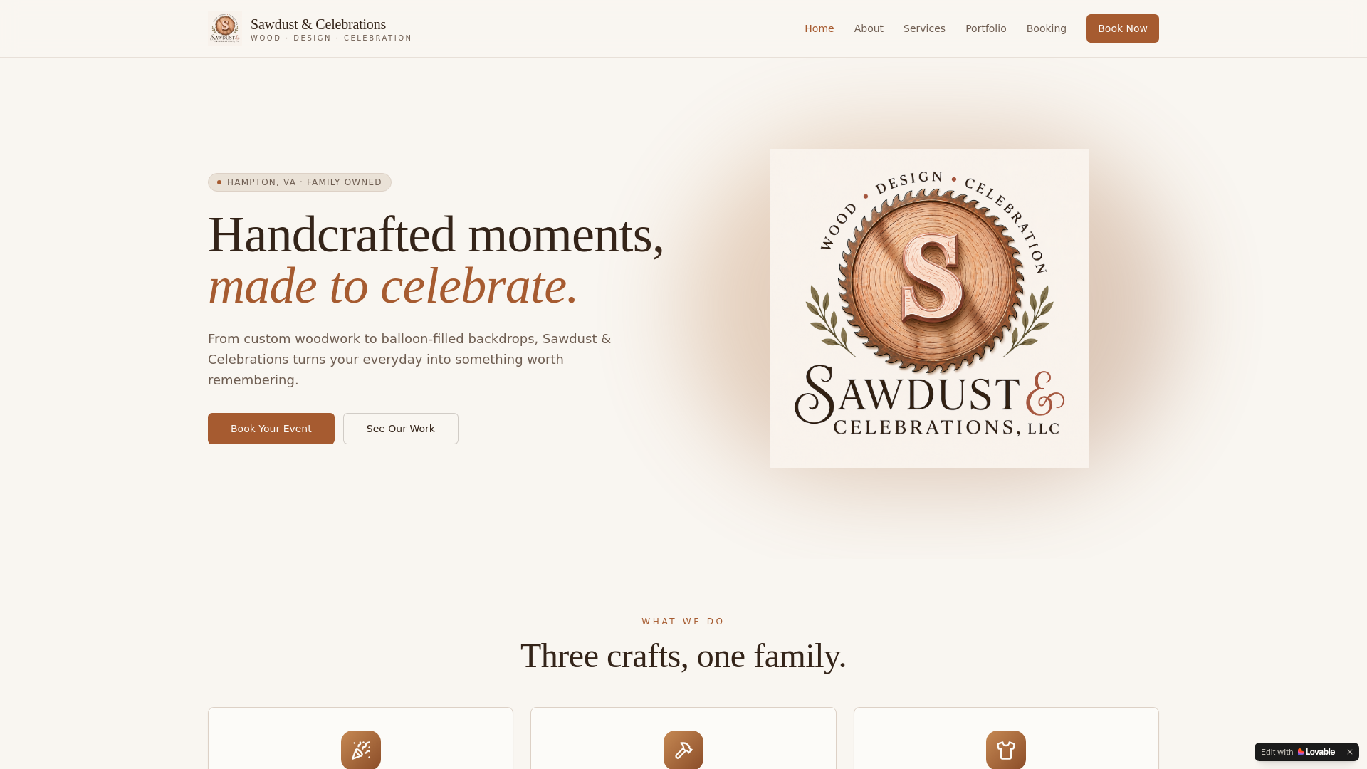 website screenshot of https://sawdustandcelebrations.com/