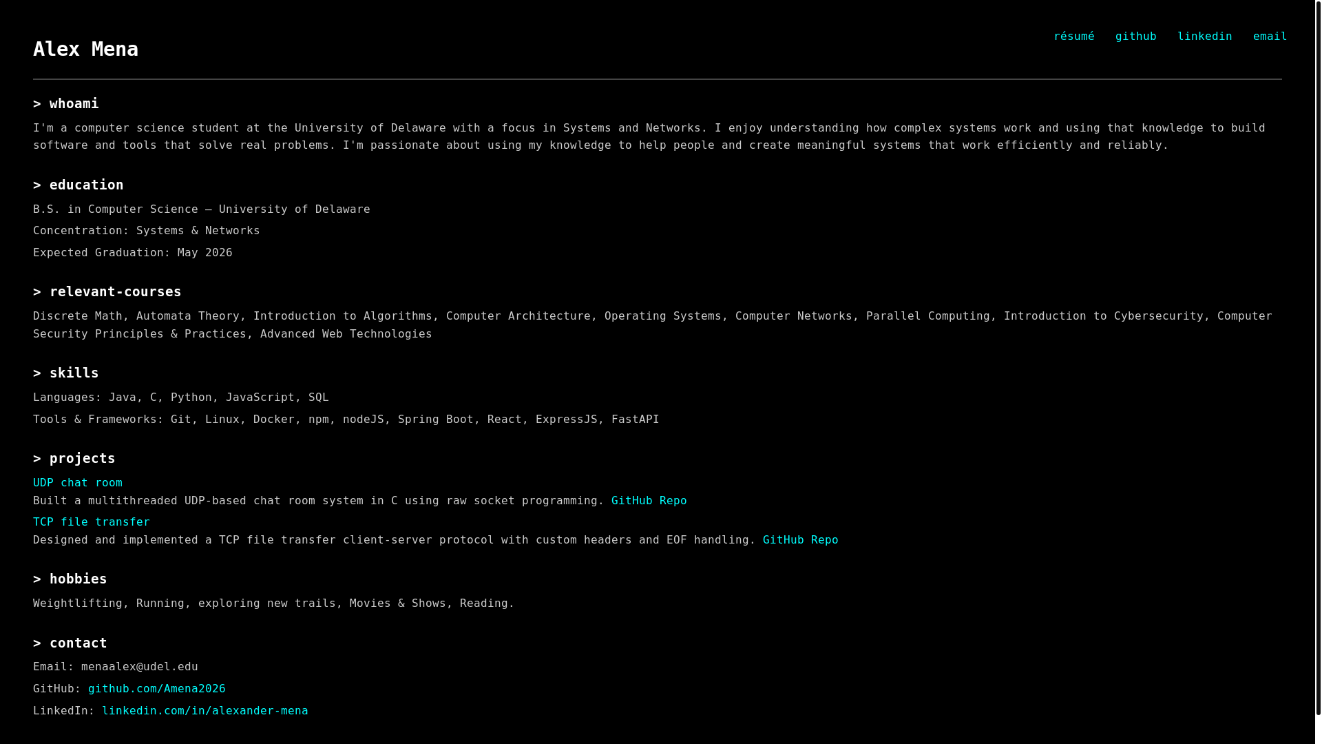 website screenshot of https://alexmena.me/