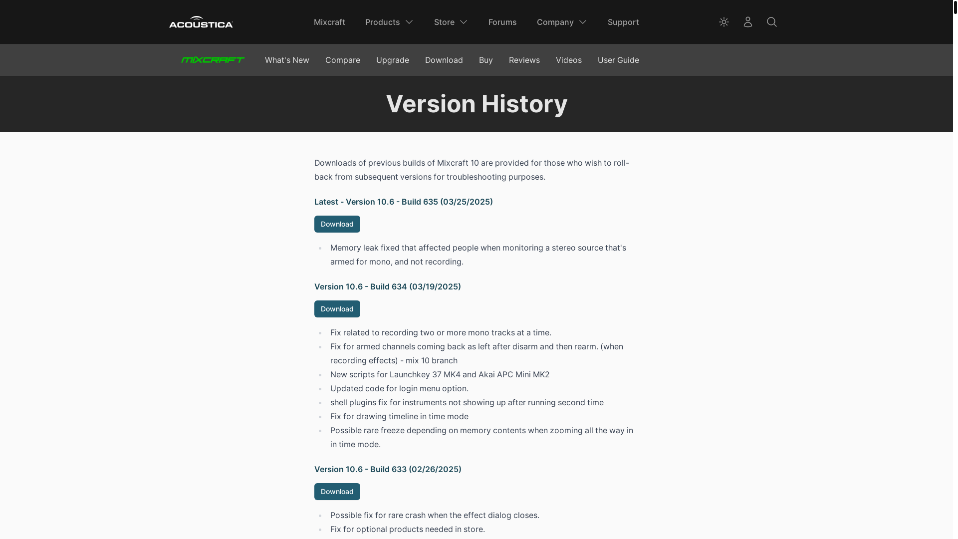 website screenshot of https://acoustica.com/products/mixcraft/version-history