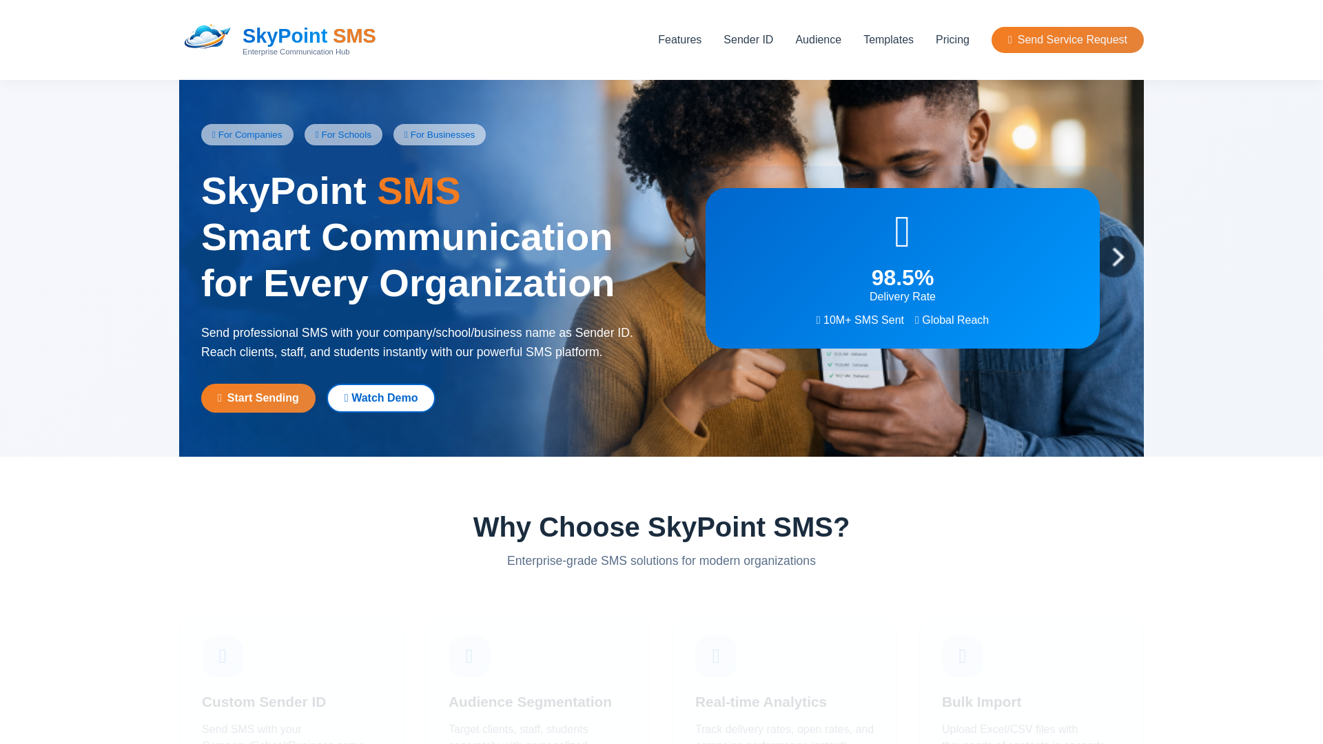 website screenshot of https://skypointsms.com/