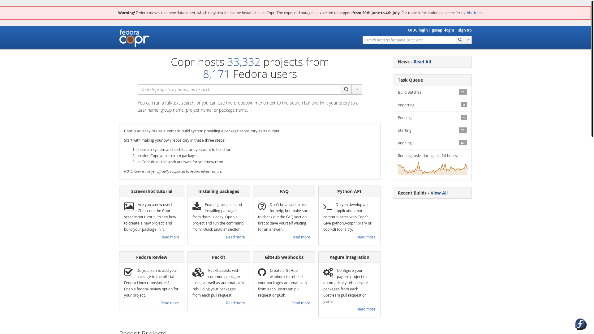 website screenshot of https://copr.fedorainfracloud.org